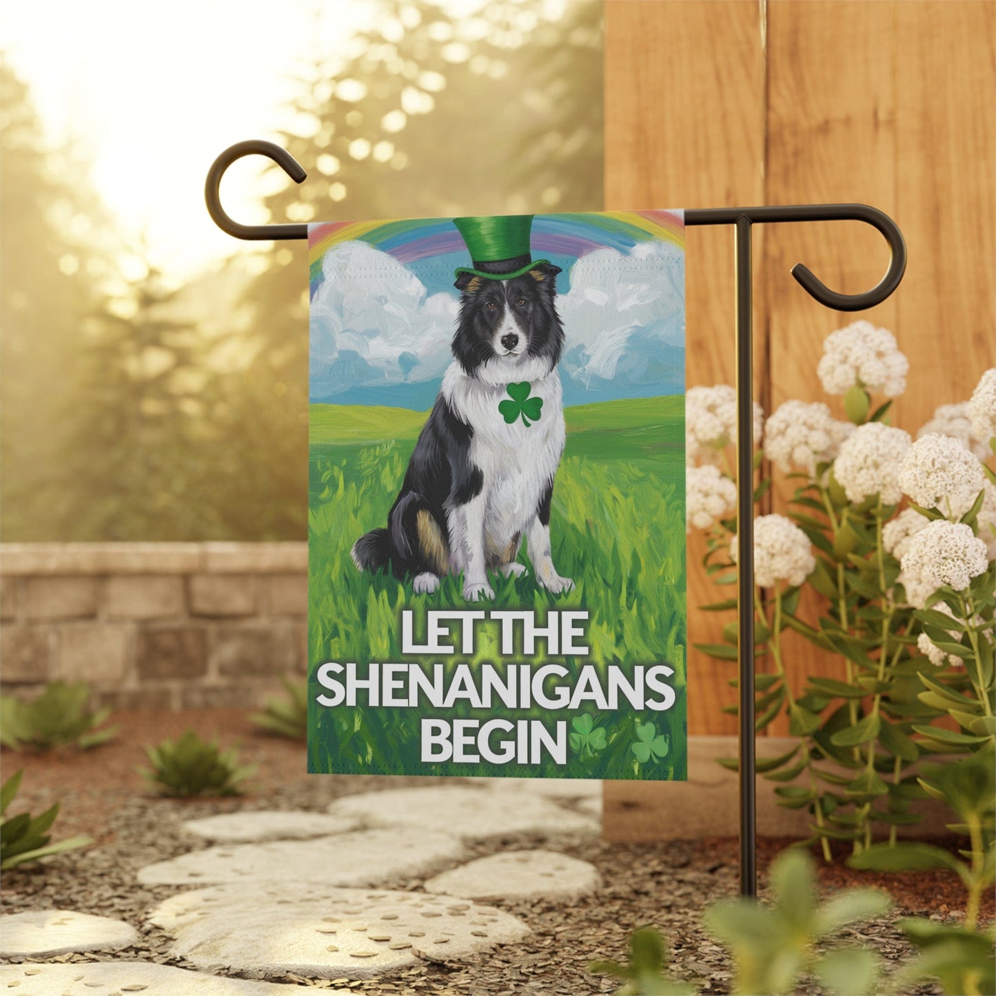 Irish Border Collie Garden Flag, Saint Patricks Day Funny Dog Lovers Yard Outside Decor