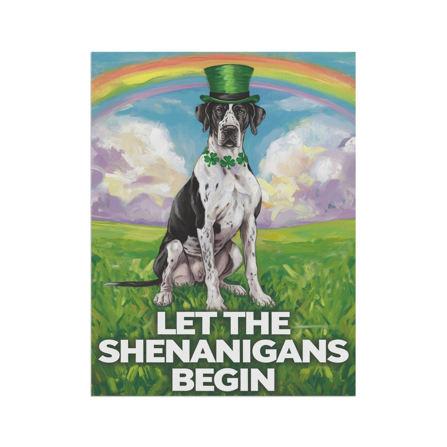 Printify Home Decor Irish Harlequin Great Dane St. Patrick's Day Lawn Flag, Rainbow Holiday Dog Garden Flag