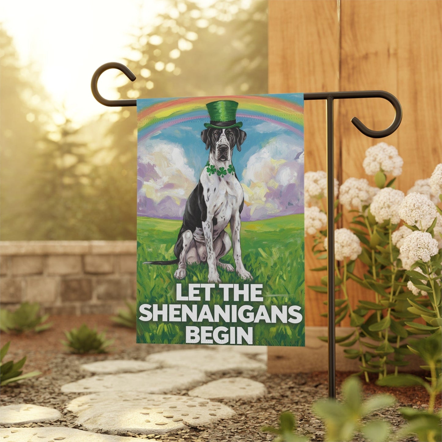 Printify Home Decor Irish Harlequin Great Dane St. Patrick's Day Lawn Flag, Rainbow Holiday Dog Garden Flag