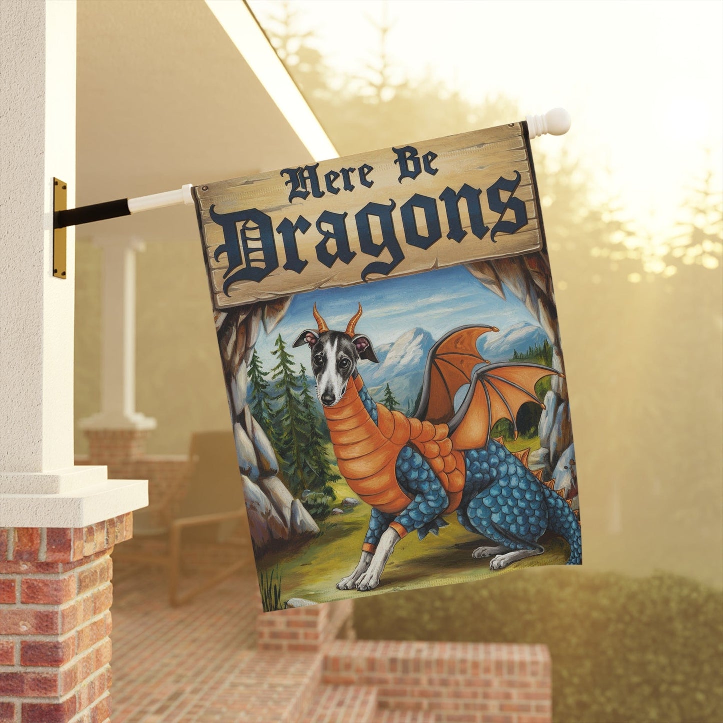 Printify Home Decor Italian Greyhound Dragon Garden Flag, Fantasy Dog Yard Spring Decor, Housewarming Halloween