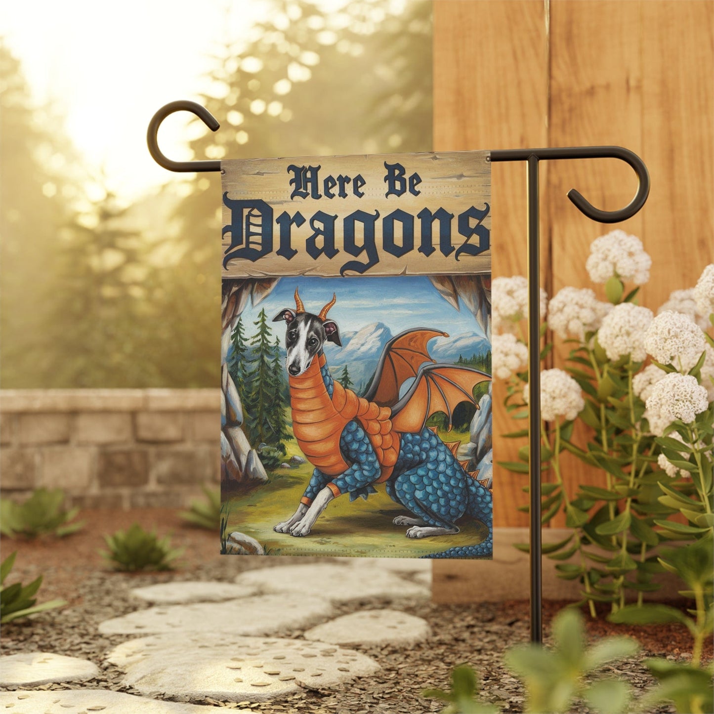 Printify Home Decor Italian Greyhound Dragon Garden Flag, Fantasy Dog Yard Spring Decor, Housewarming Halloween