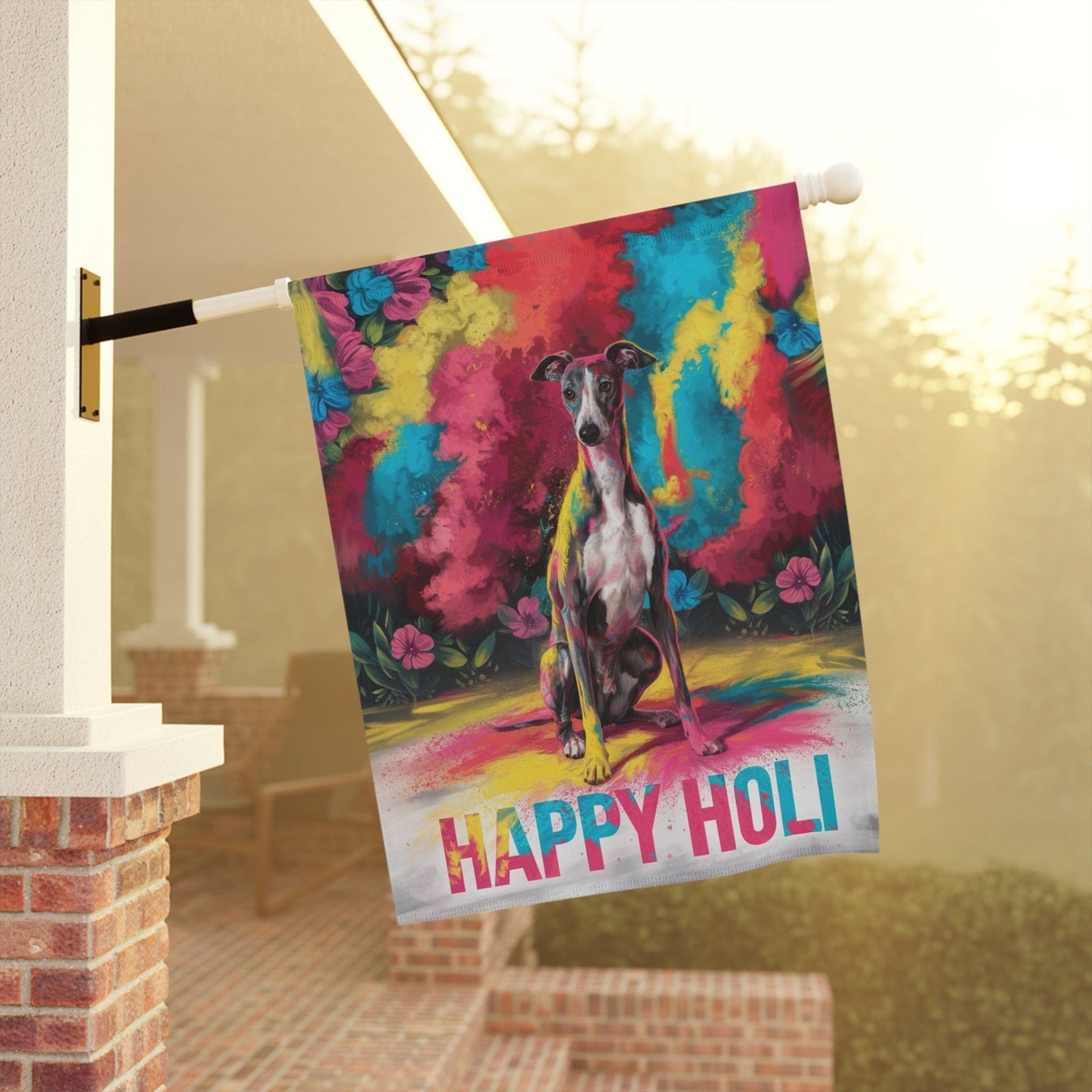 Italian Greyhound Holi Garden Flag, Indian Spring Festival, Dog Lover Yard Outside Decor