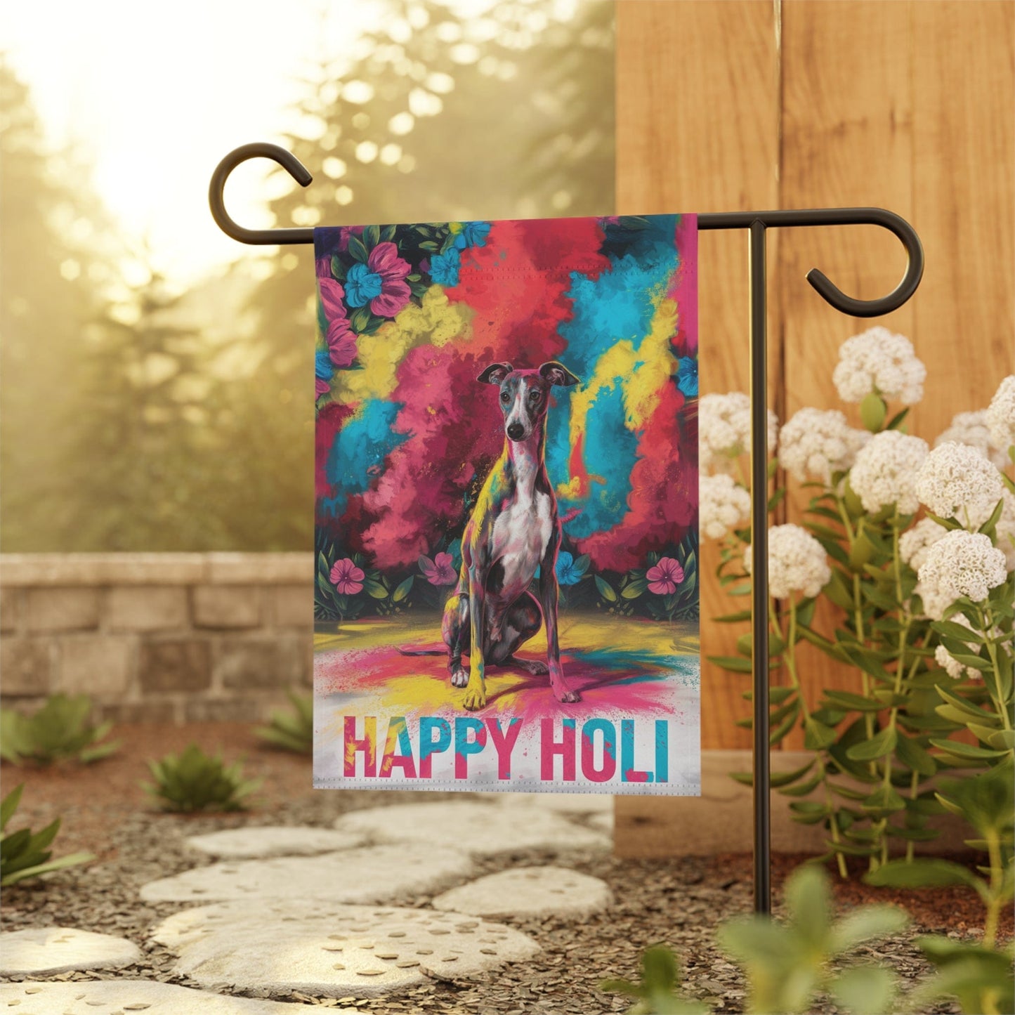Printify Home Decor Italian Greyhound Holi Garden Flag, Indian Spring Festival, Dog Lover Yard Outside Decor