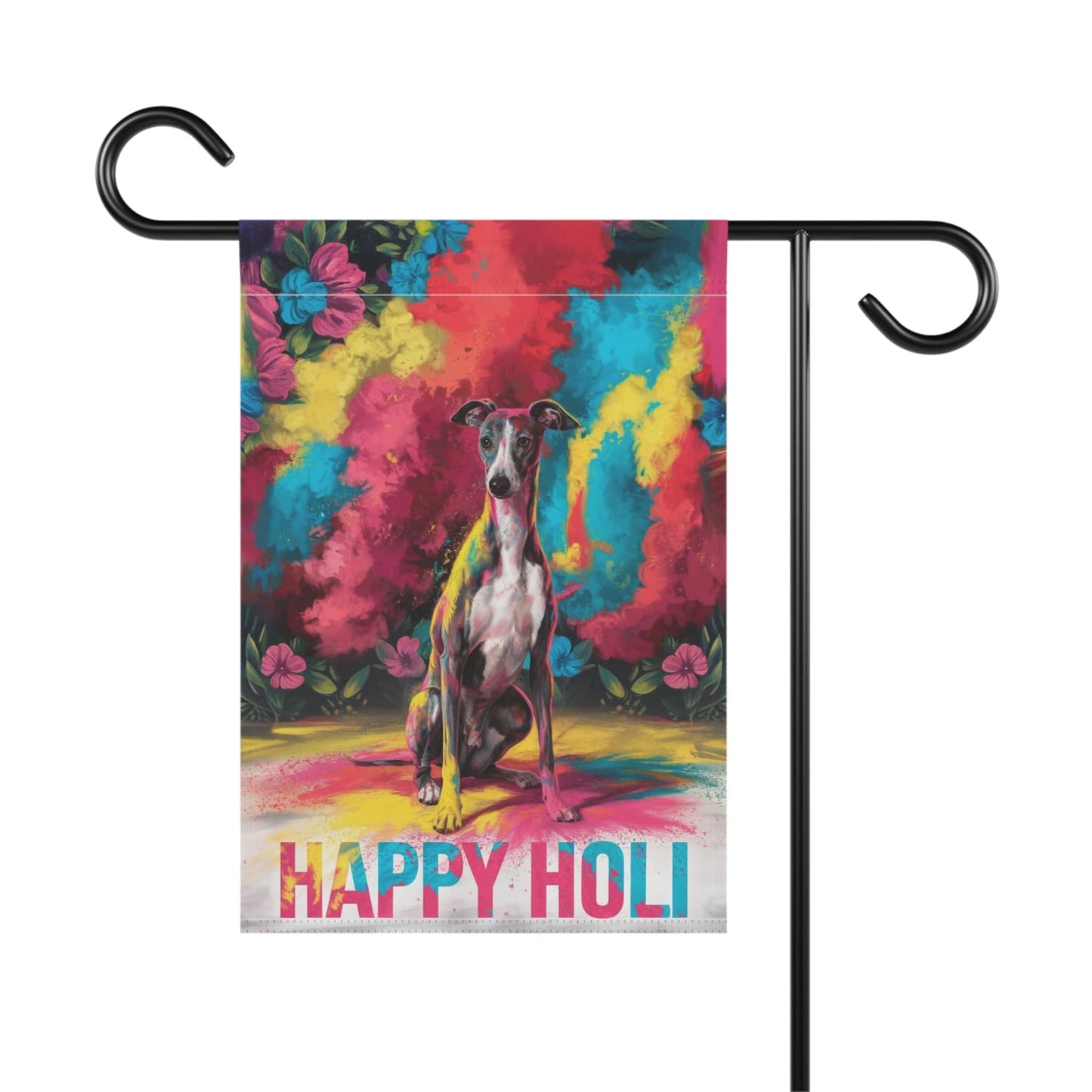 Printify Home Decor Italian Greyhound Holi Garden Flag, Indian Spring Festival, Dog Lover Yard Outside Decor