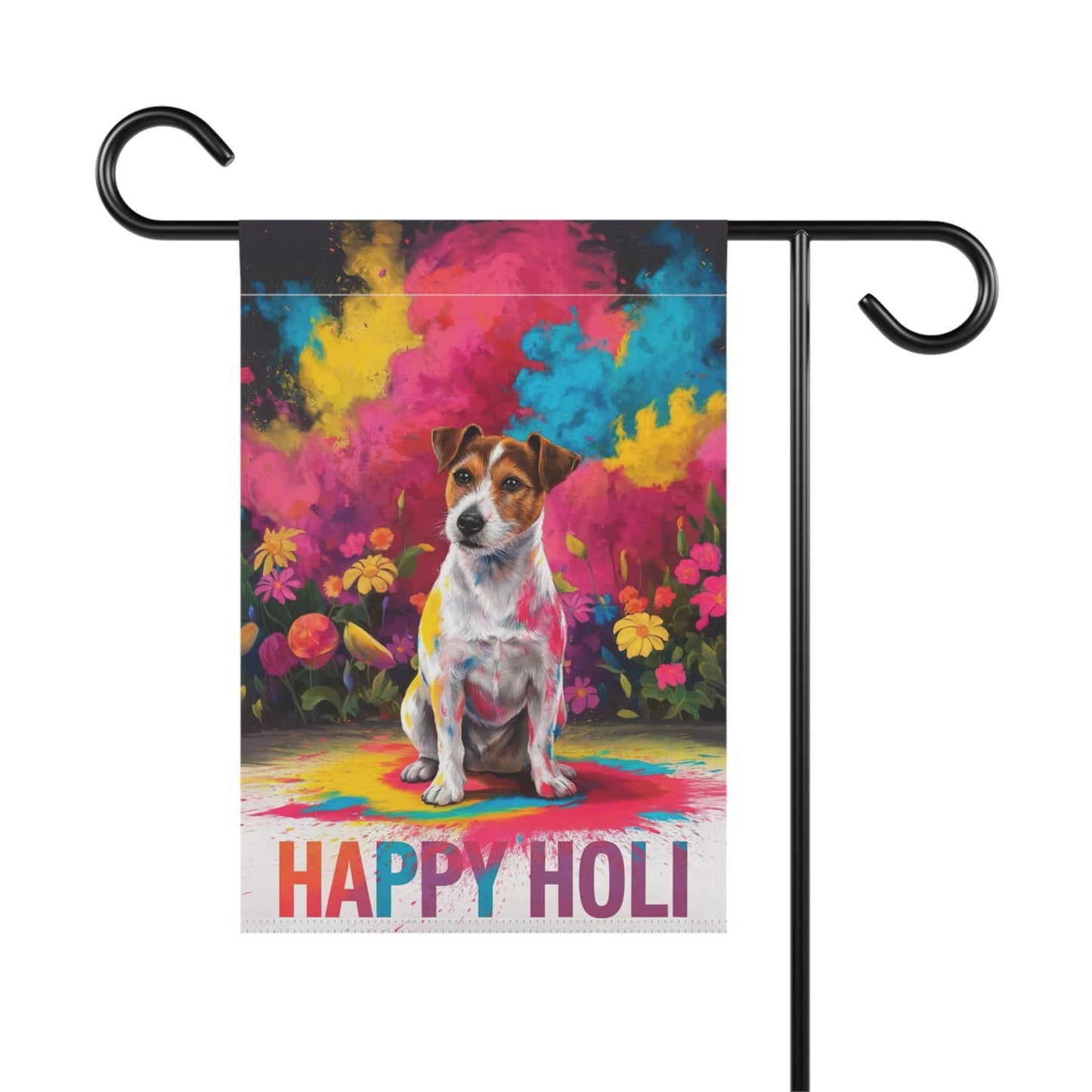 Printify Home Decor Jack Russell Terrier Holi Festival Garden Flag, Indian Spring Festival, Dog Lovers