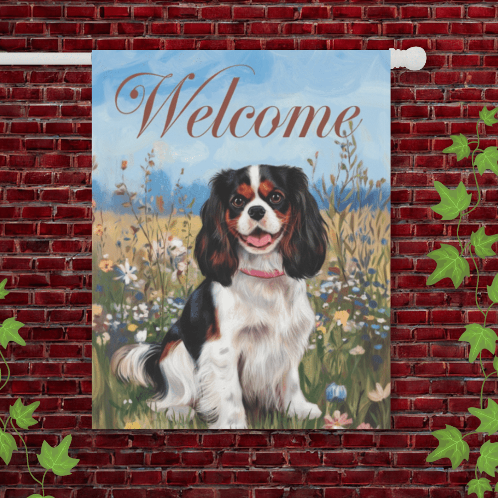 Printify Garden Flag 24.5'' × 32'' King Charles Cavalier Tricolor Welcome Garden Flag