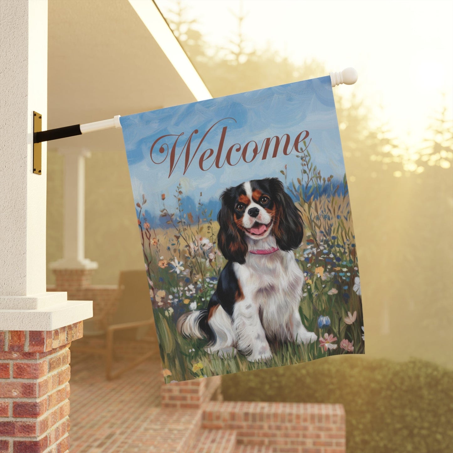 Printify Garden Flag King Charles Cavalier Tricolor Welcome Garden Flag