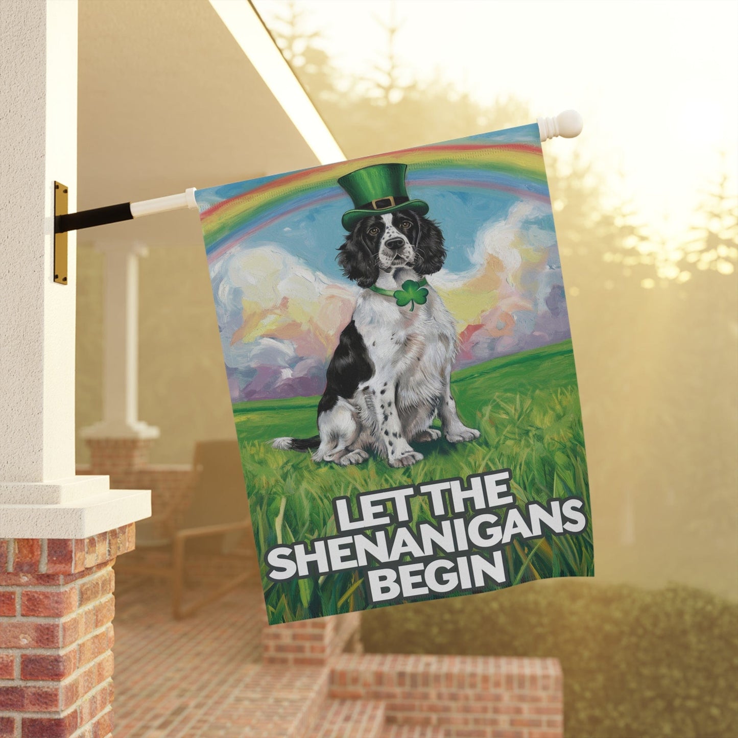 Printify Home Decor Lucky Black Springer Spaniel, St. Patrick's Day Leprechaun Hat, Rainbow Dog Garden Flag