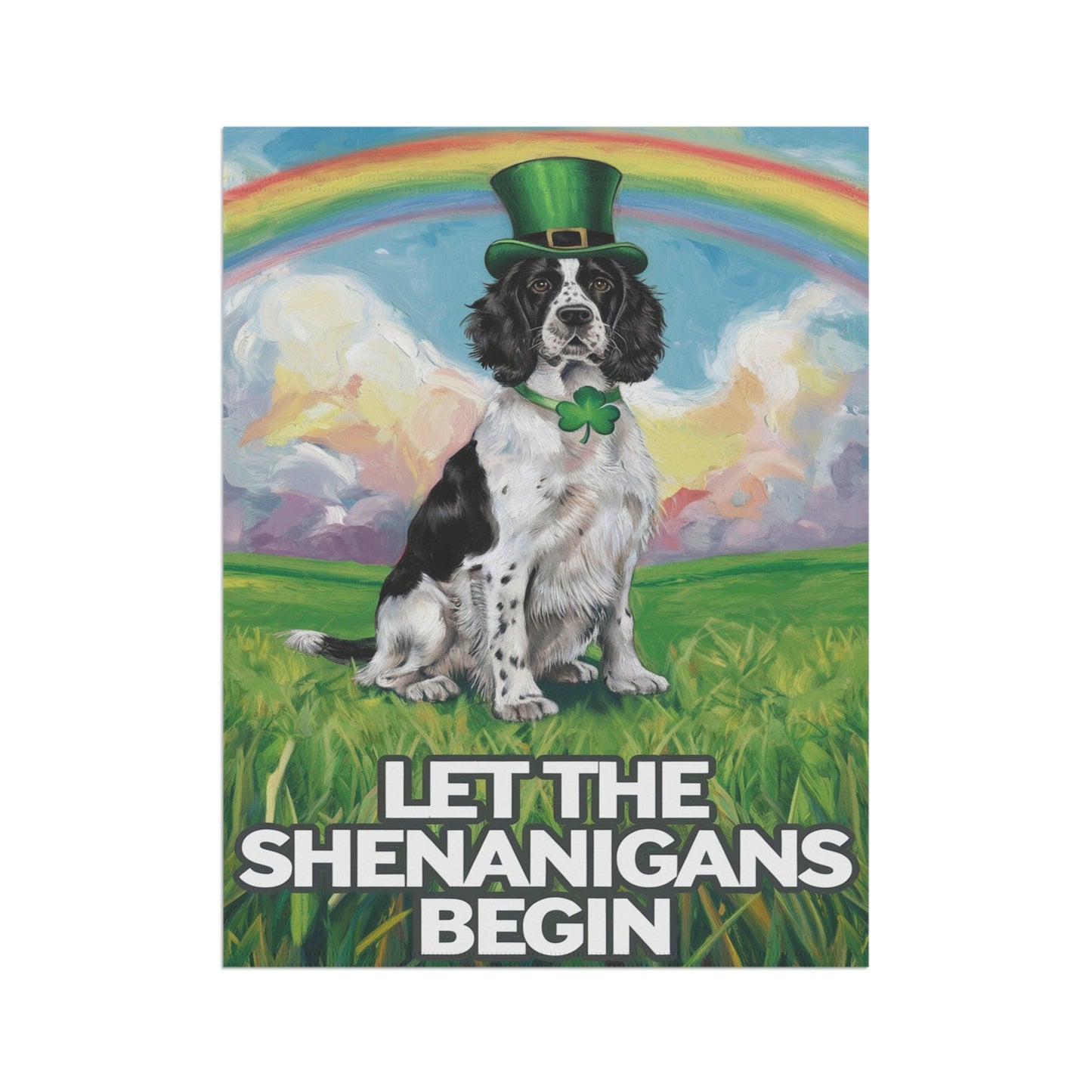 Printify Home Decor Lucky Black Springer Spaniel, St. Patrick's Day Leprechaun Hat, Rainbow Dog Garden Flag