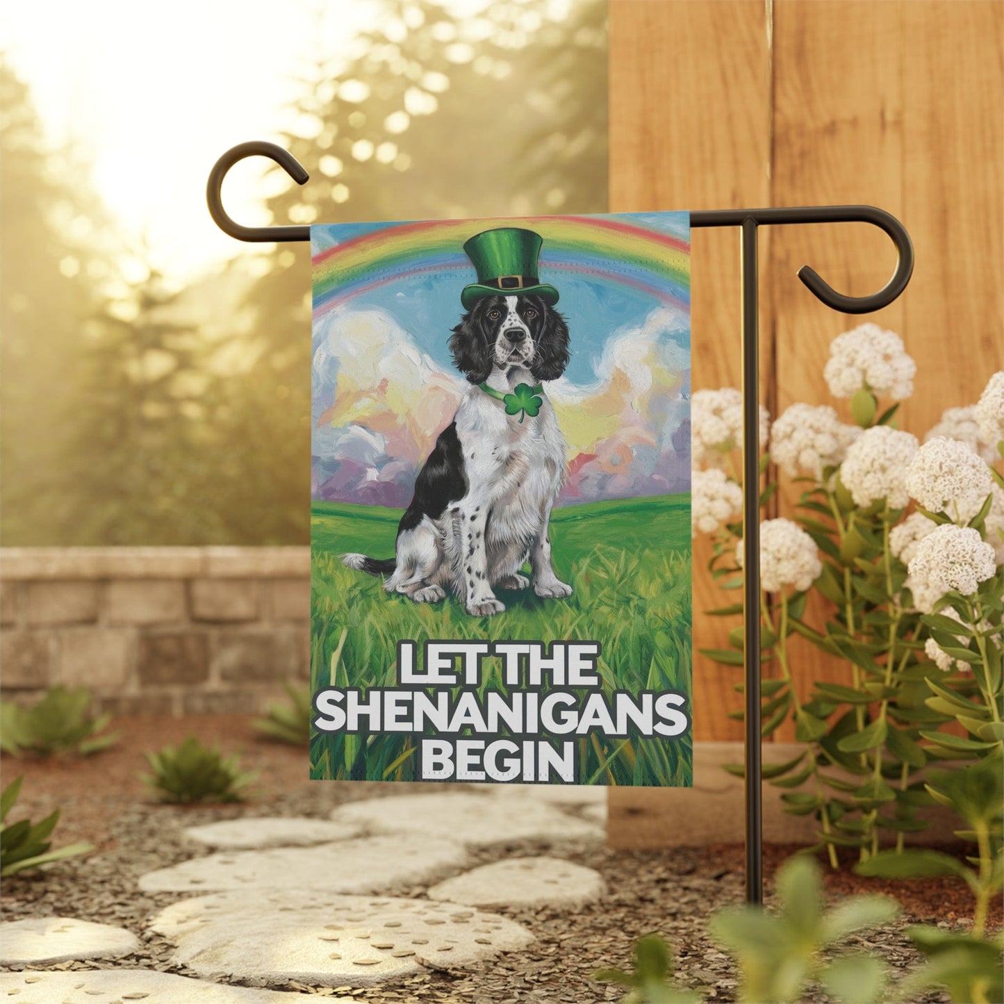 Printify Home Decor Lucky Black Springer Spaniel, St. Patrick's Day Leprechaun Hat, Rainbow Dog Garden Flag