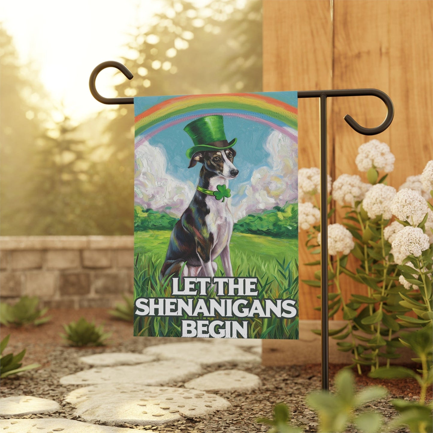 Printify Home Decor Lucky St. Patrick's Day Black Greyhound, Rainbow Leprechaun Dog, Whimsical Pet Garden Flag