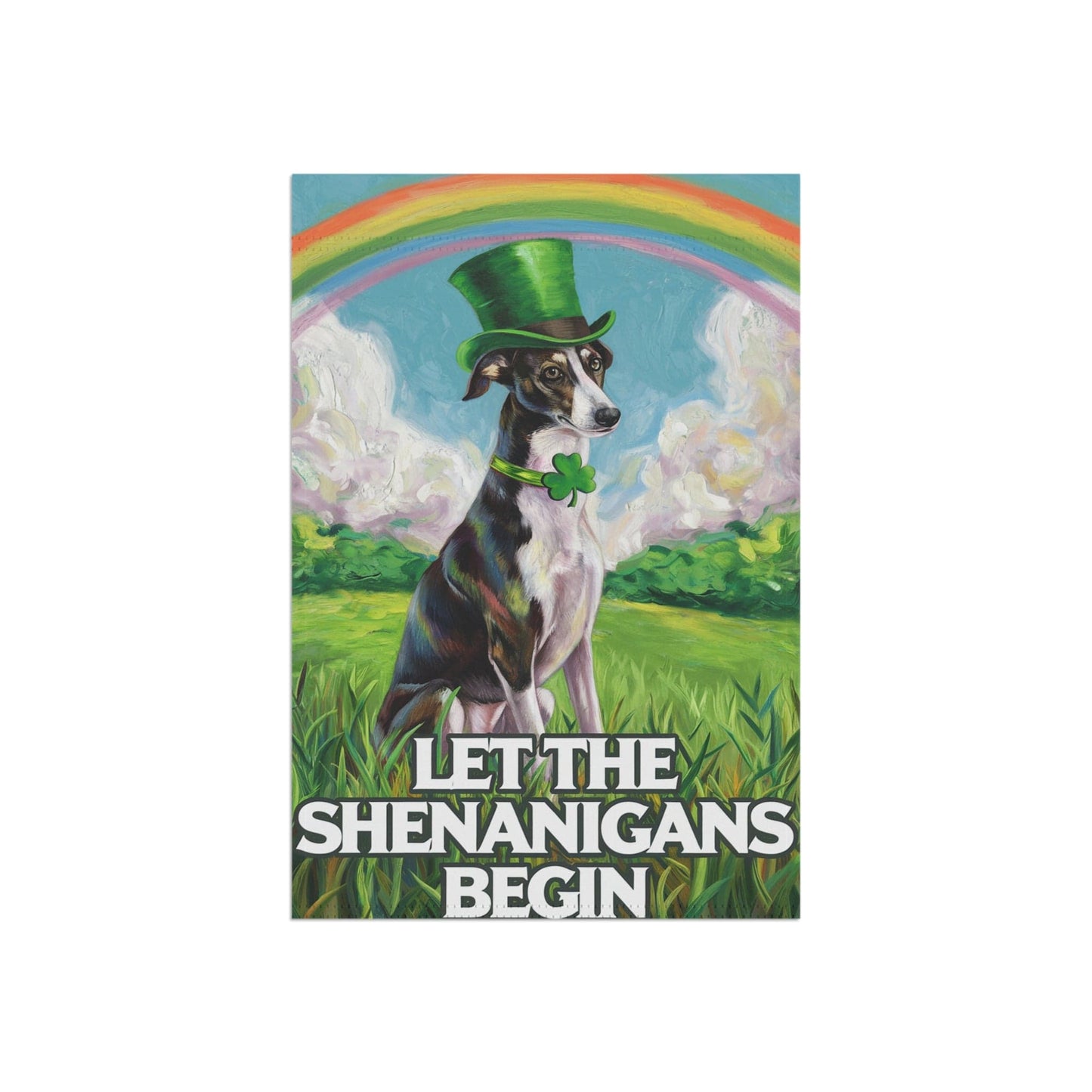 Printify Home Decor Lucky St. Patrick's Day Black Greyhound, Rainbow Leprechaun Dog, Whimsical Pet Garden Flag