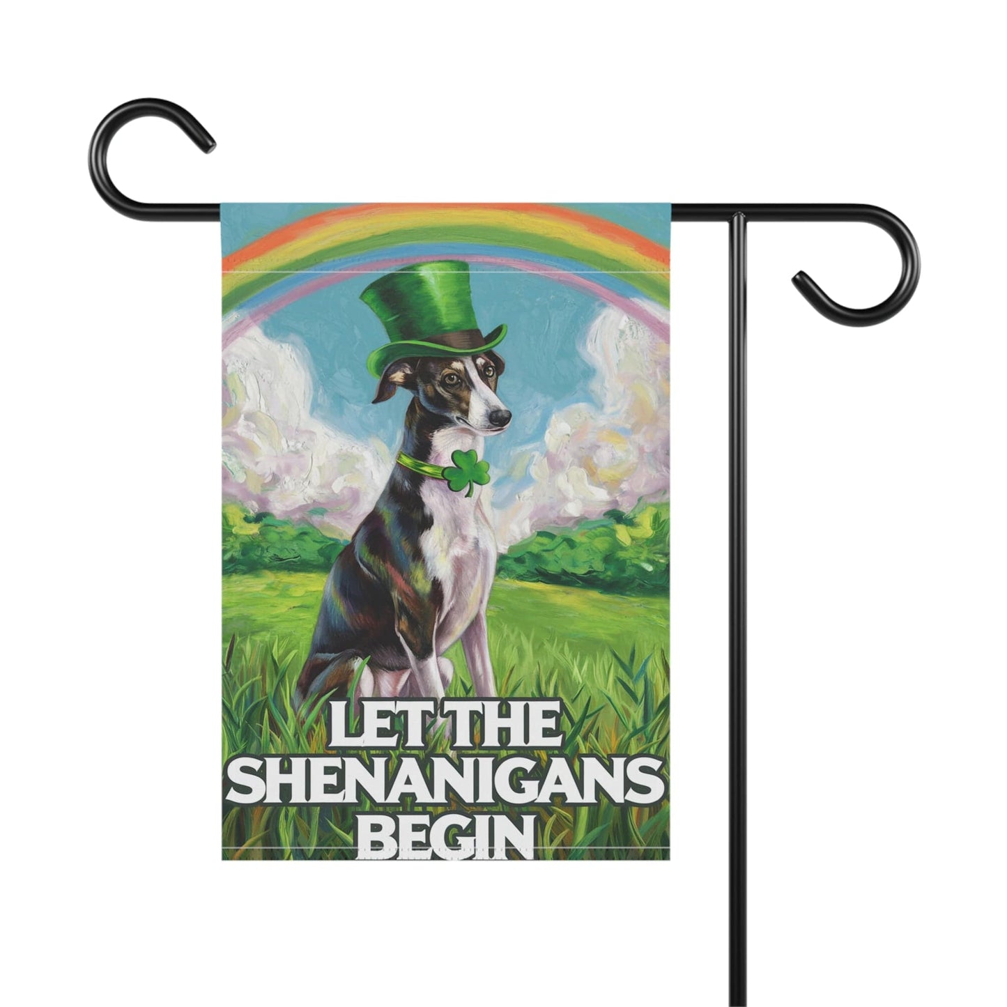 Printify Home Decor Lucky St. Patrick's Day Black Greyhound, Rainbow Leprechaun Dog, Whimsical Pet Garden Flag