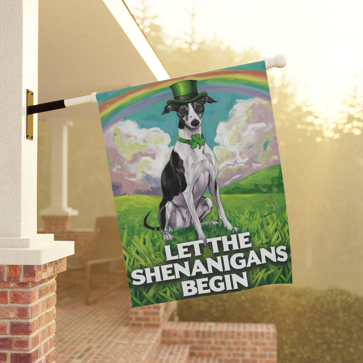 Printify Home Decor Lucky St. Patrick's Day: Greyhound, Leprechaun Hat, Rainbow Whimsical Dog Garden Flag
