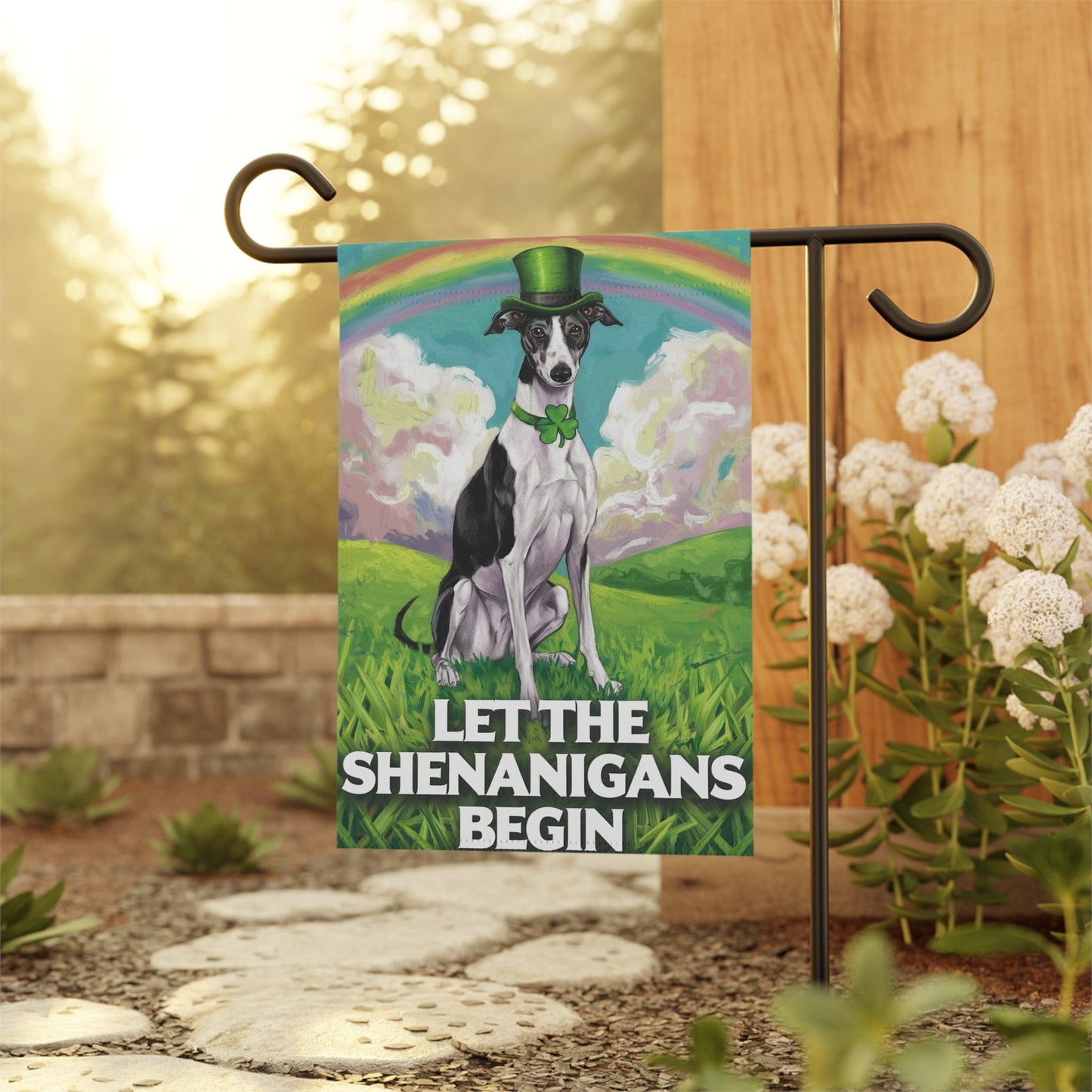 Printify Home Decor Lucky St. Patrick's Day: Greyhound, Leprechaun Hat, Rainbow Whimsical Dog Garden Flag