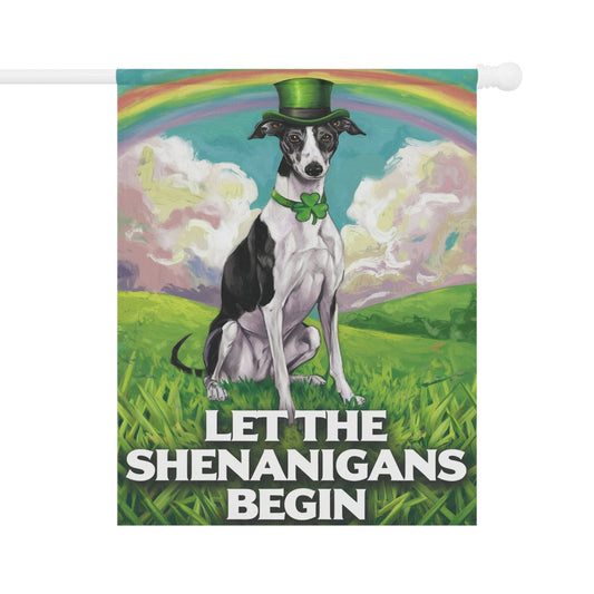 Lucky St. Patrick's Day: Greyhound, Leprechaun Hat, Rainbow Whimsical Dog Garden Flag 24.5'' × 32''