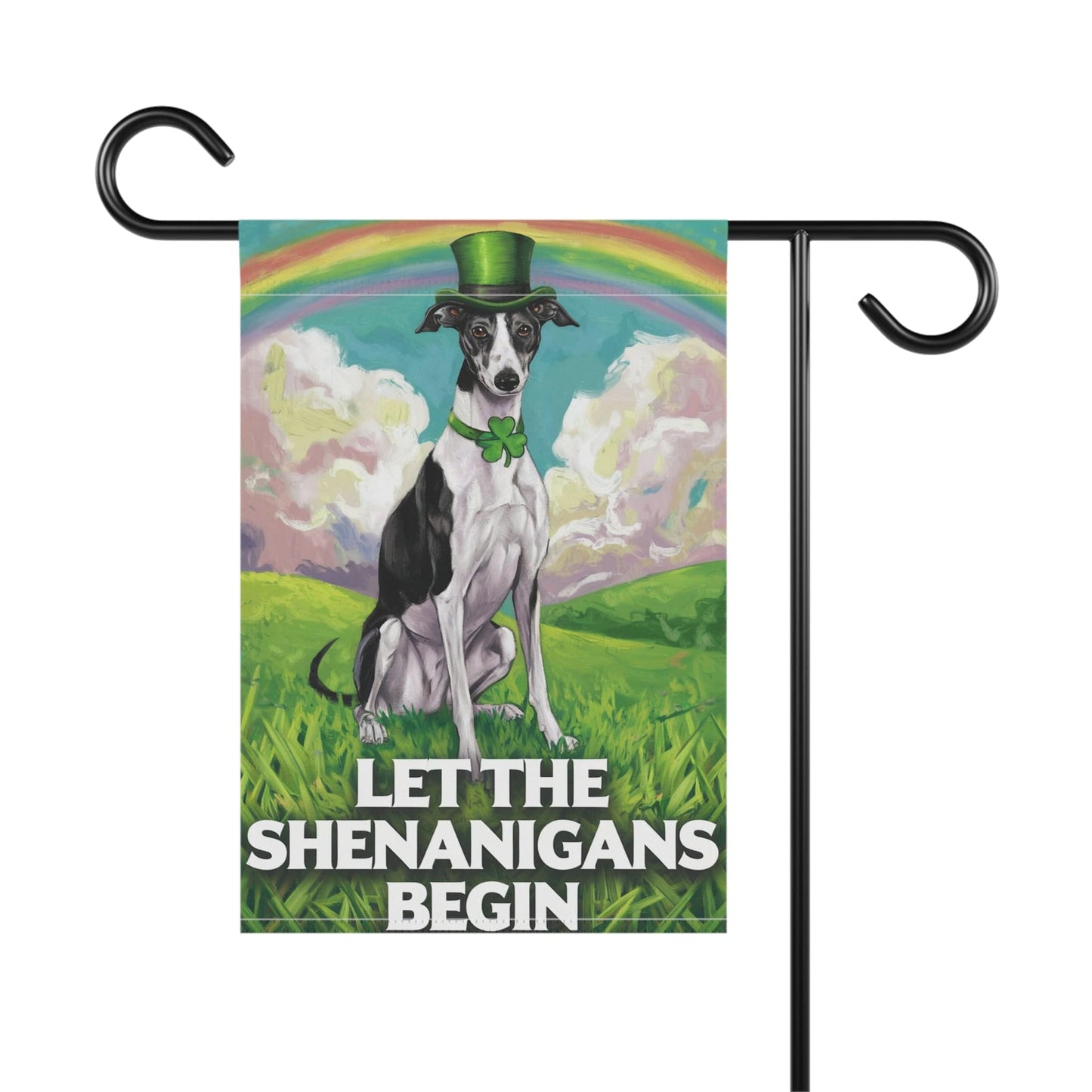 Printify Home Decor Lucky St. Patrick's Day: Greyhound, Leprechaun Hat, Rainbow Whimsical Dog Garden Flag