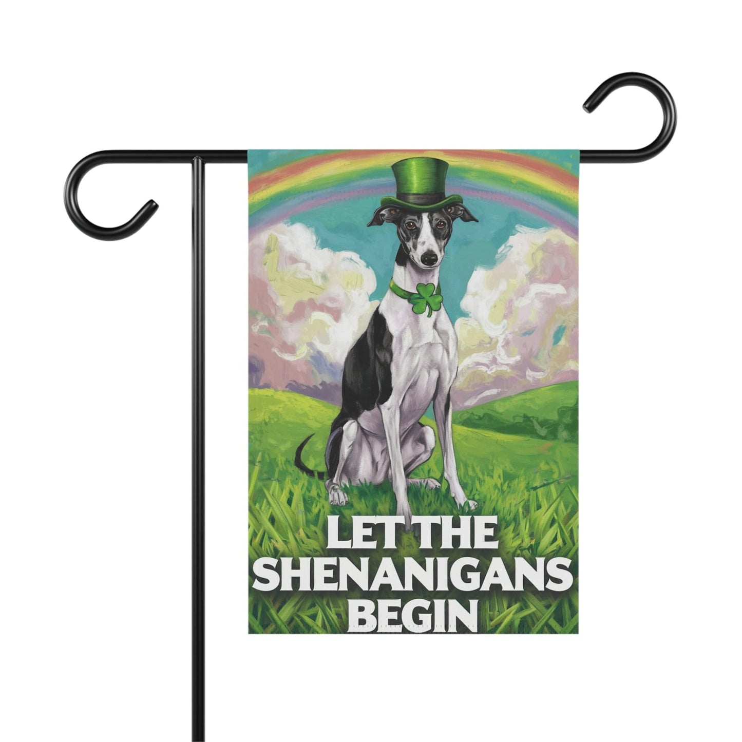 Printify Home Decor 12'' × 18'' Lucky St. Patrick's Day: Greyhound, Leprechaun Hat, Rainbow Whimsical Dog Garden Flag