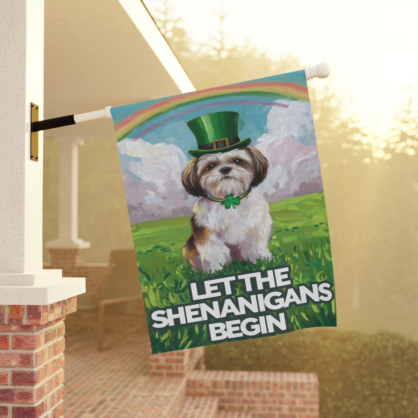 Printify Home Decor Lucky St. Patrick's Day Shih Tzu, Rainbow Leprechaun Dog, Whimsical Pet Garden Flag