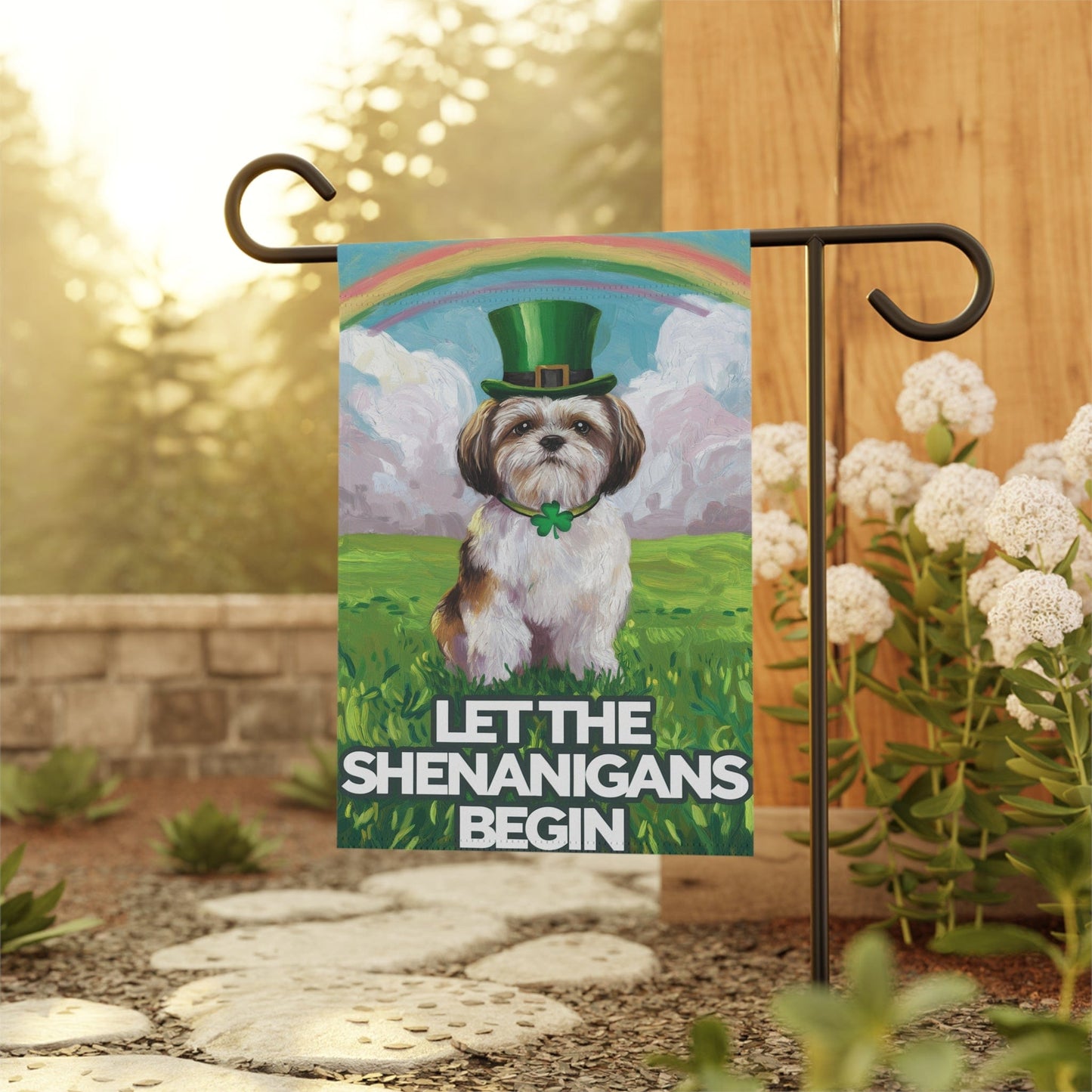 Printify Home Decor Lucky St. Patrick's Day Shih Tzu, Rainbow Leprechaun Dog, Whimsical Pet Garden Flag