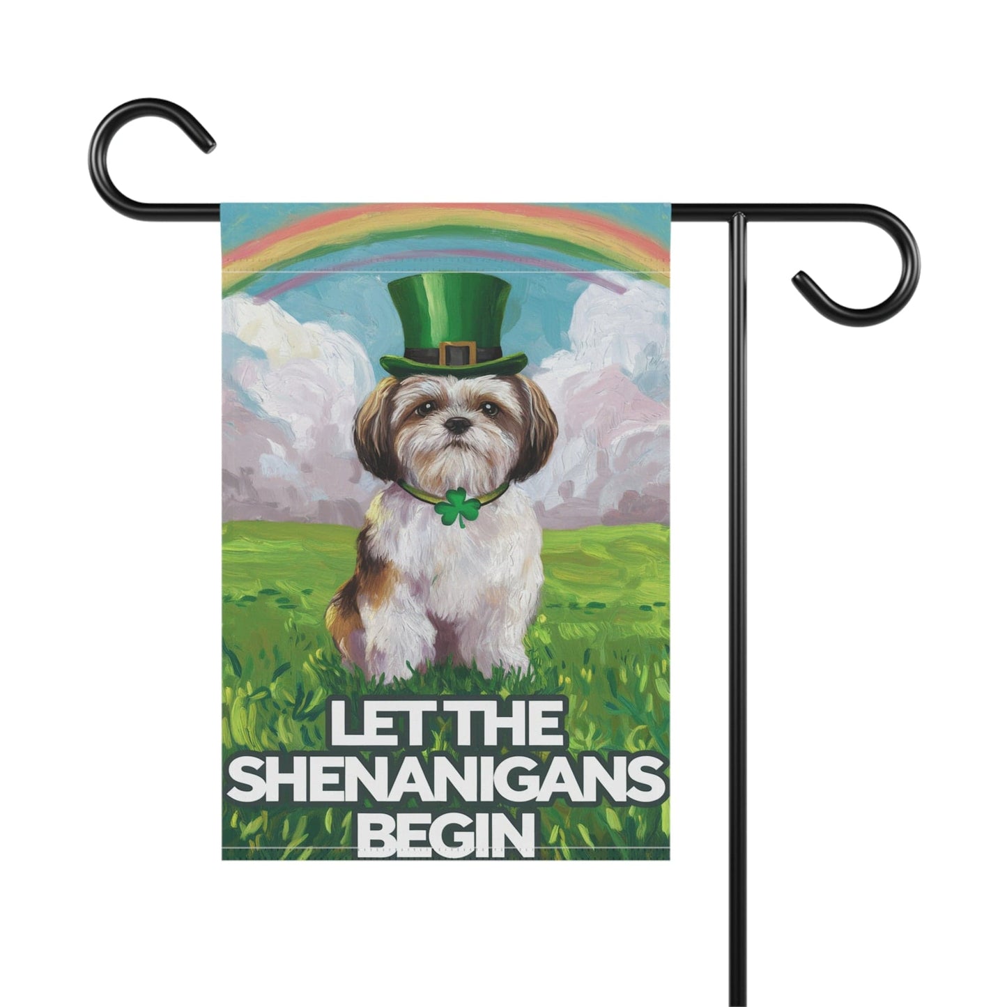 Printify Home Decor Lucky St. Patrick's Day Shih Tzu, Rainbow Leprechaun Dog, Whimsical Pet Garden Flag