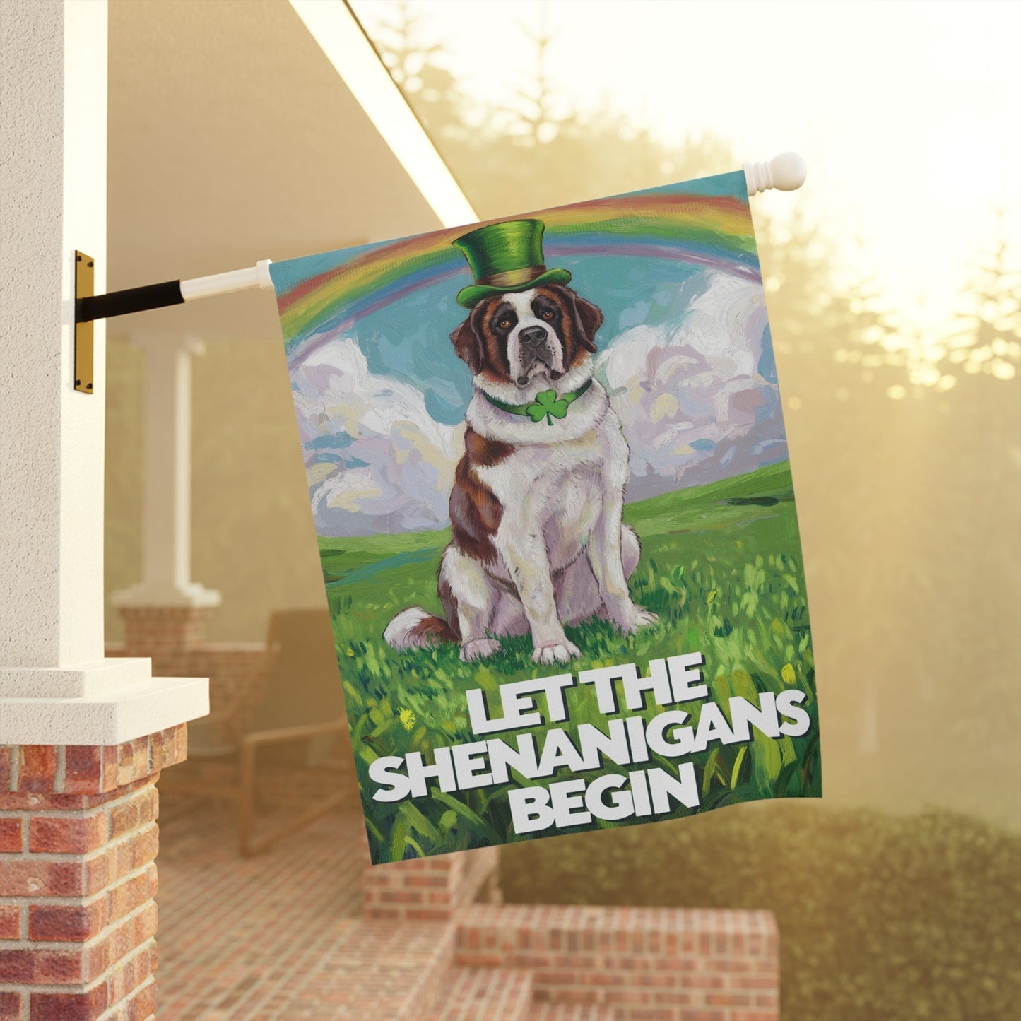 Lucky St. Patrick's Day St Bernard Garden Flag, Rainbow Leprechaun Dog, Pet Outside