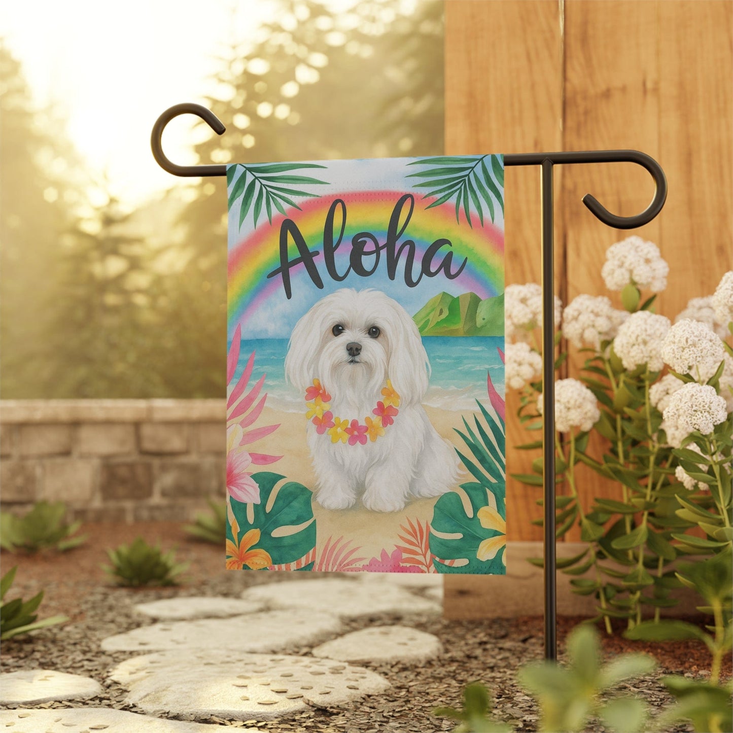 Printify Garden Flag Maltese Dog Aloha Luau Garden Flag