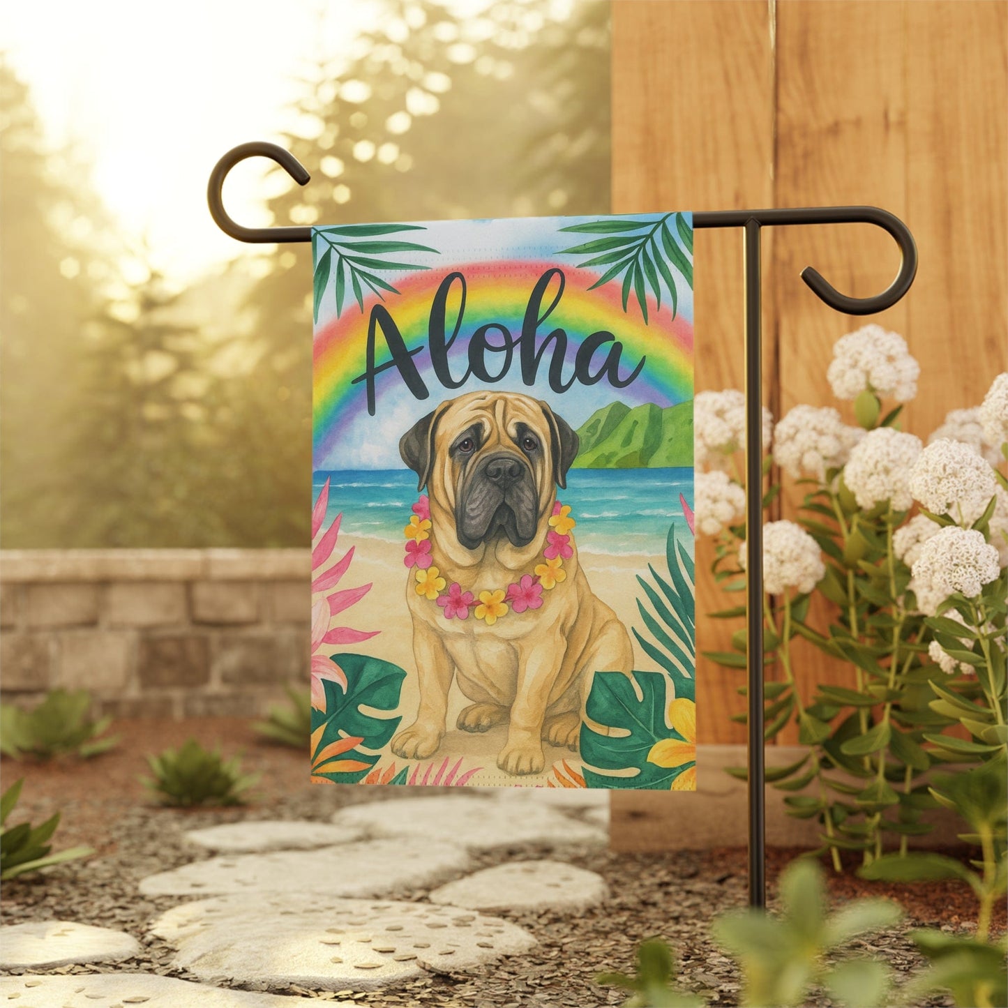 Printify Garden Flag Mastiff Dog Aloha Luau Garden Flag