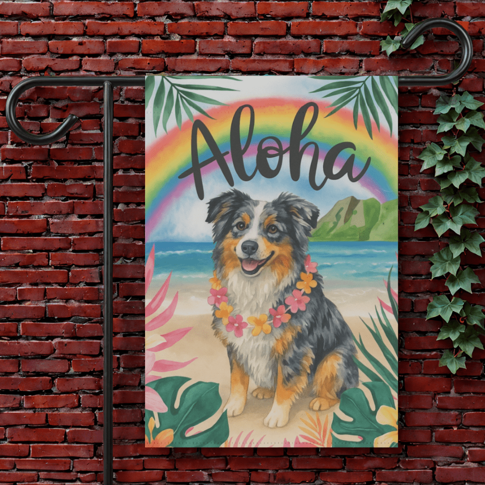 Printify Garden Flag 12'' × 18'' Merle Australian Shepherd Aloha Garden Flag