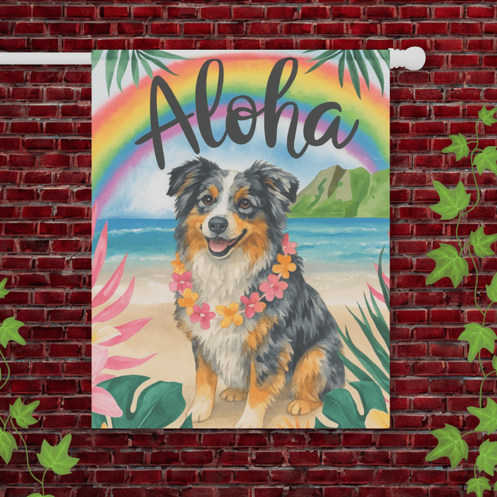 Printify Garden Flag 24.5'' × 32'' Merle Australian Shepherd Aloha Garden Flag