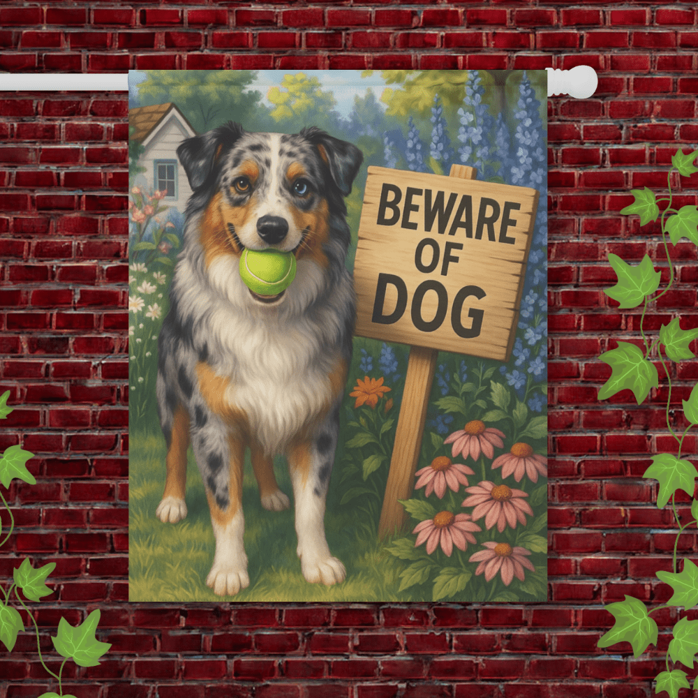 Printify Garden Flag 24.5'' × 32'' Merle Australian Shepherd Beware Garden Flag