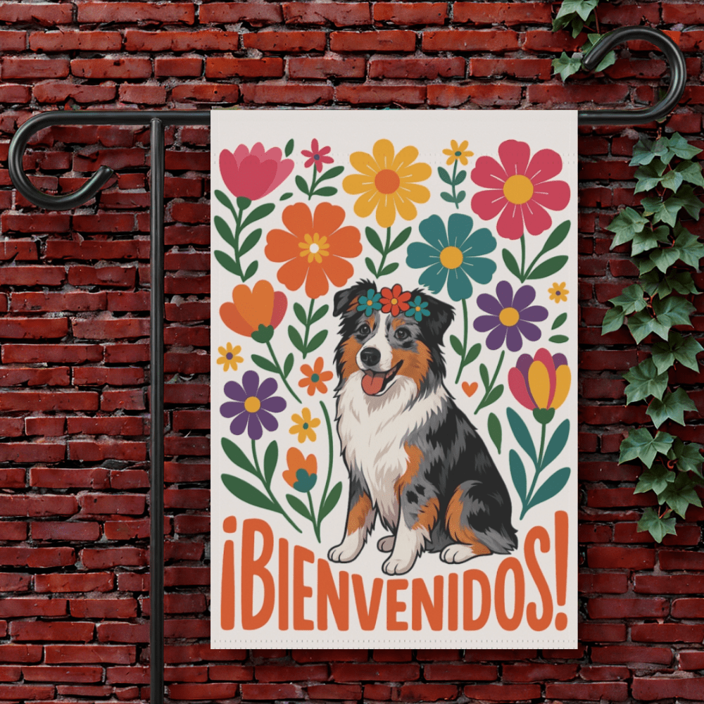 Printify Garden Flag 12'' × 18'' Merle Australian Shepherd Bienvenidos Garden Flag