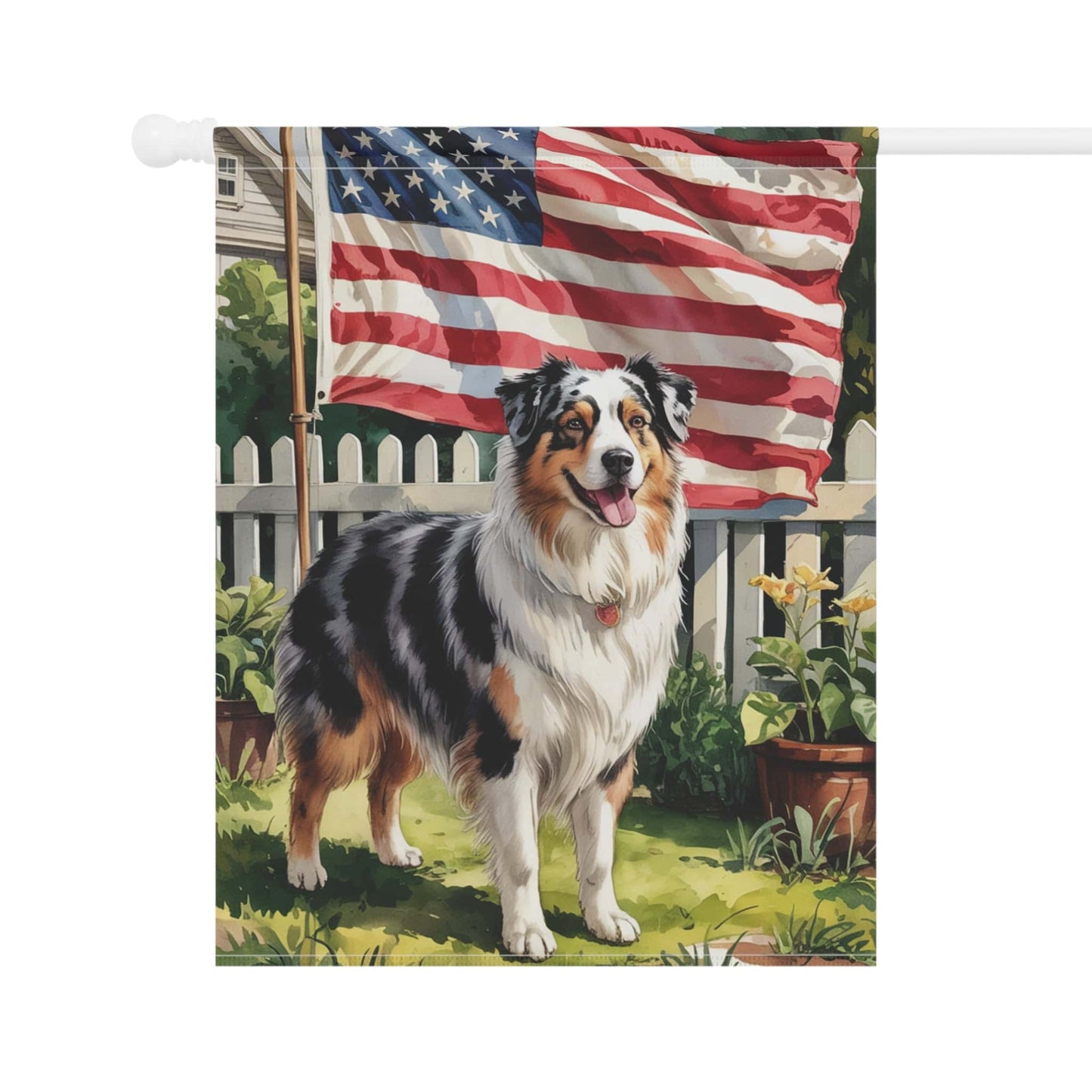 Printify Home Decor Merle Australian Shepherd Garden Flag, 4th of July, US Flag Yard Outside Decor, Patriotic Housewarming