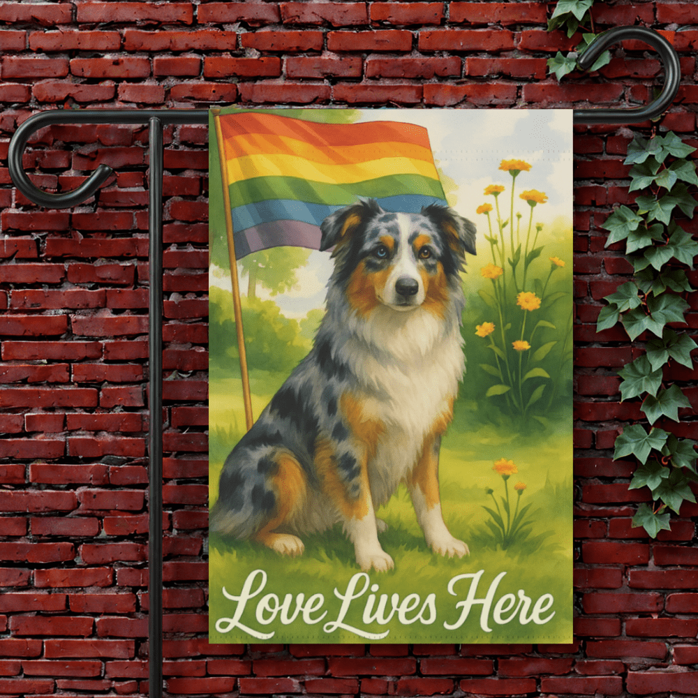 Printify Garden Flag 12'' × 18'' Merle Australian Shepherd LGBTQ+ Pride Garden Flag