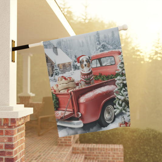 Merle Australian Shepherd Red Truck Christmas Garden Flag