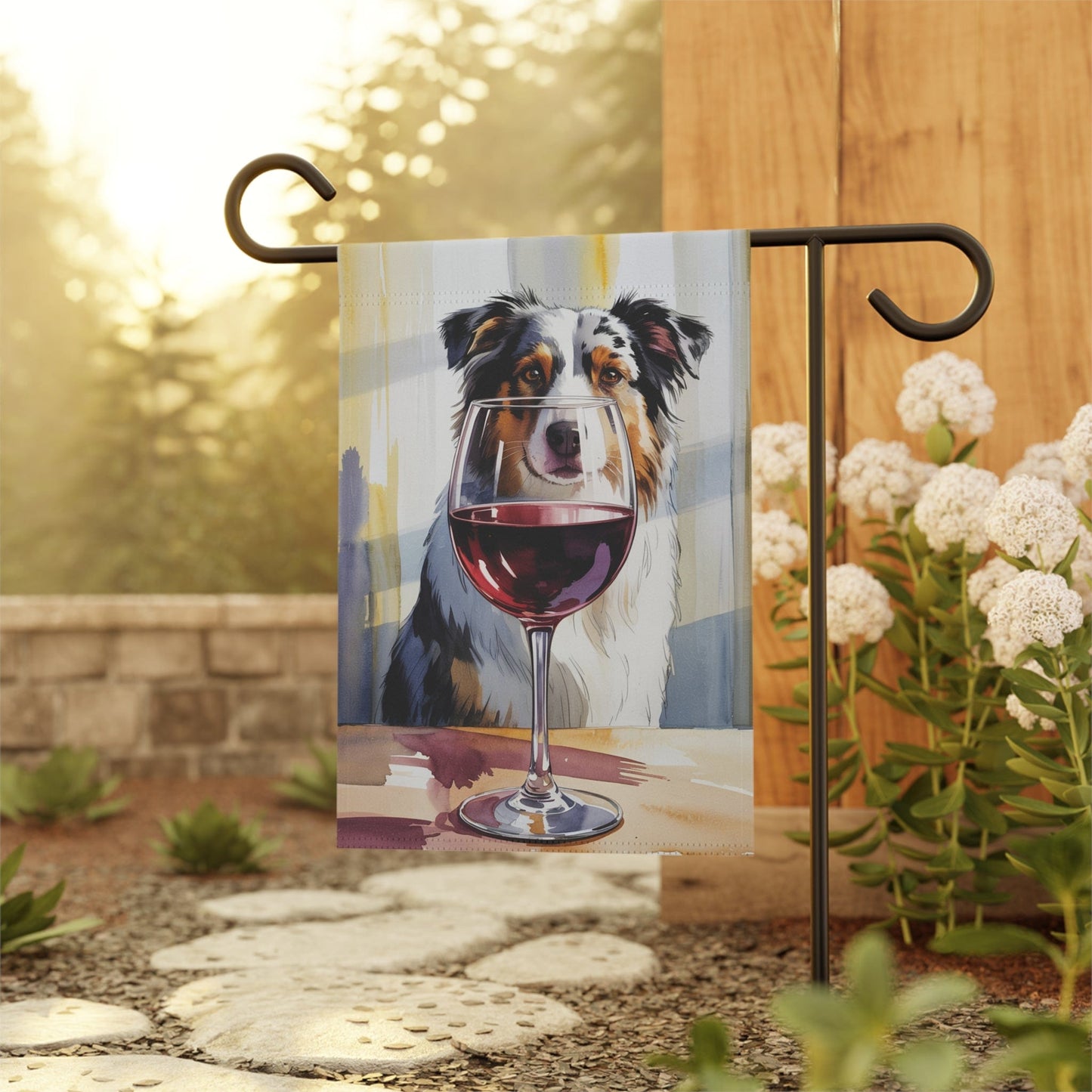 Printify Home Decor Merle Australian Shepherd Wine Garden Flag, Yard Decor, Dog Lover Outdoor Banner, Spring Gardener Housewarming Gift