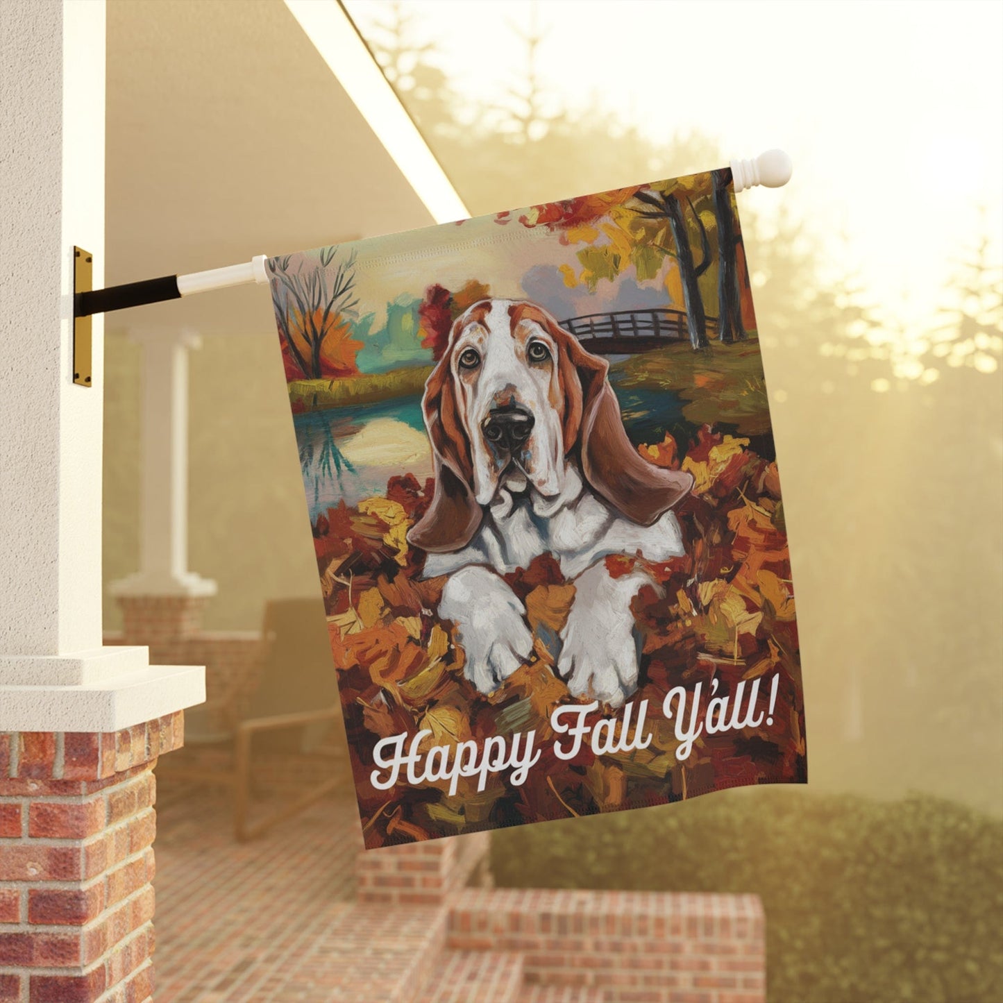 Printify Home Decor Outdoor Flag, Funny Basset Hound Yard Decor, Fall Leaf Dog Gift
