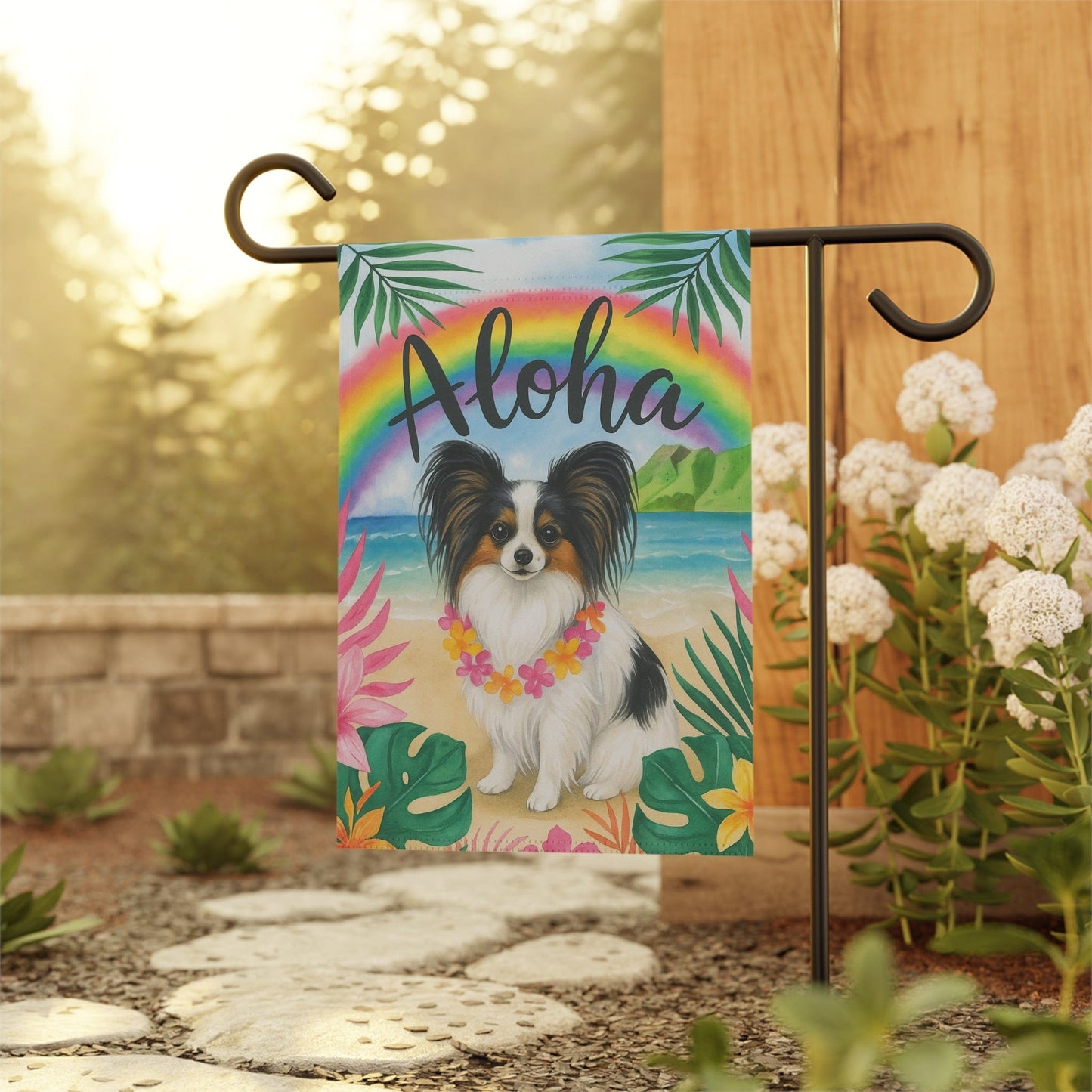 Printify Garden Flag Papillon Dog Aloha Luau Garden Flag