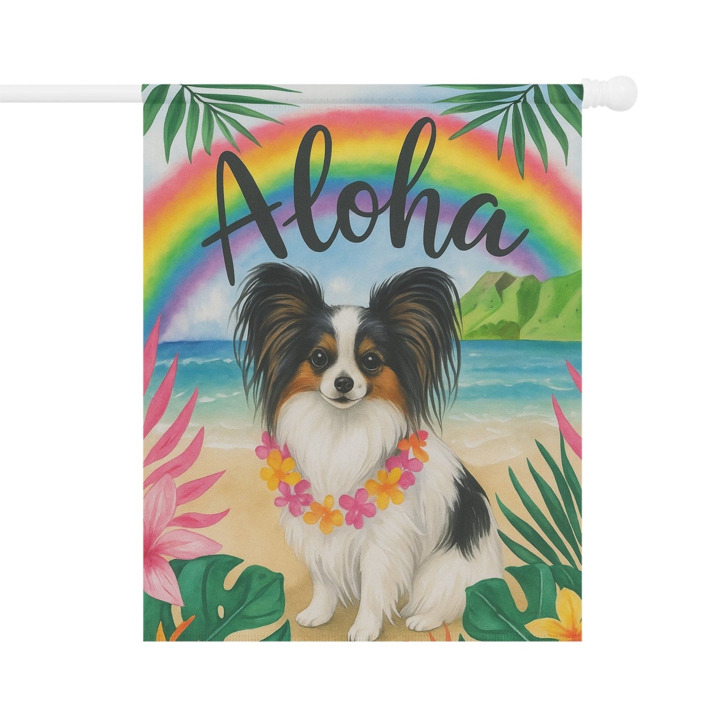 Printify Garden Flag Papillon Dog Aloha Luau Garden Flag