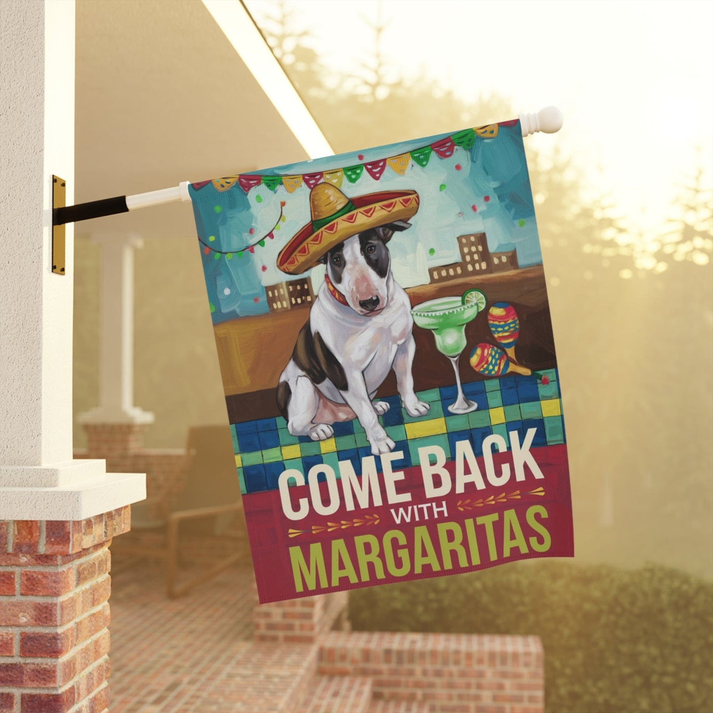 Patched Bull Terrier Dog Garden Flag, Cinco de Mayo Fiesta, Margarita Drinking Decor, Front Yard Spring
