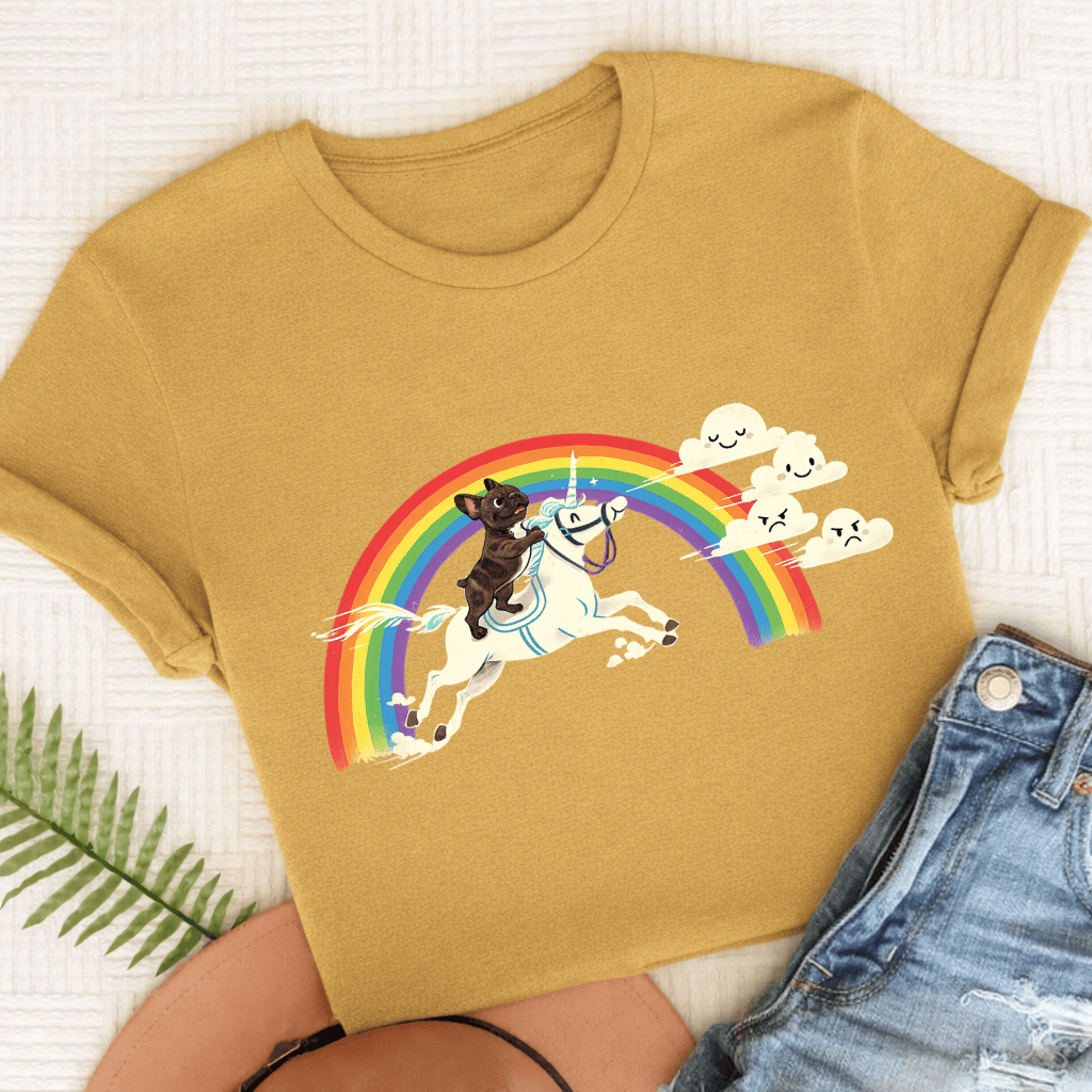 Personalized Frenchie Rainbow Unicorn Unisex Tshirt Comfort Colors Mustard