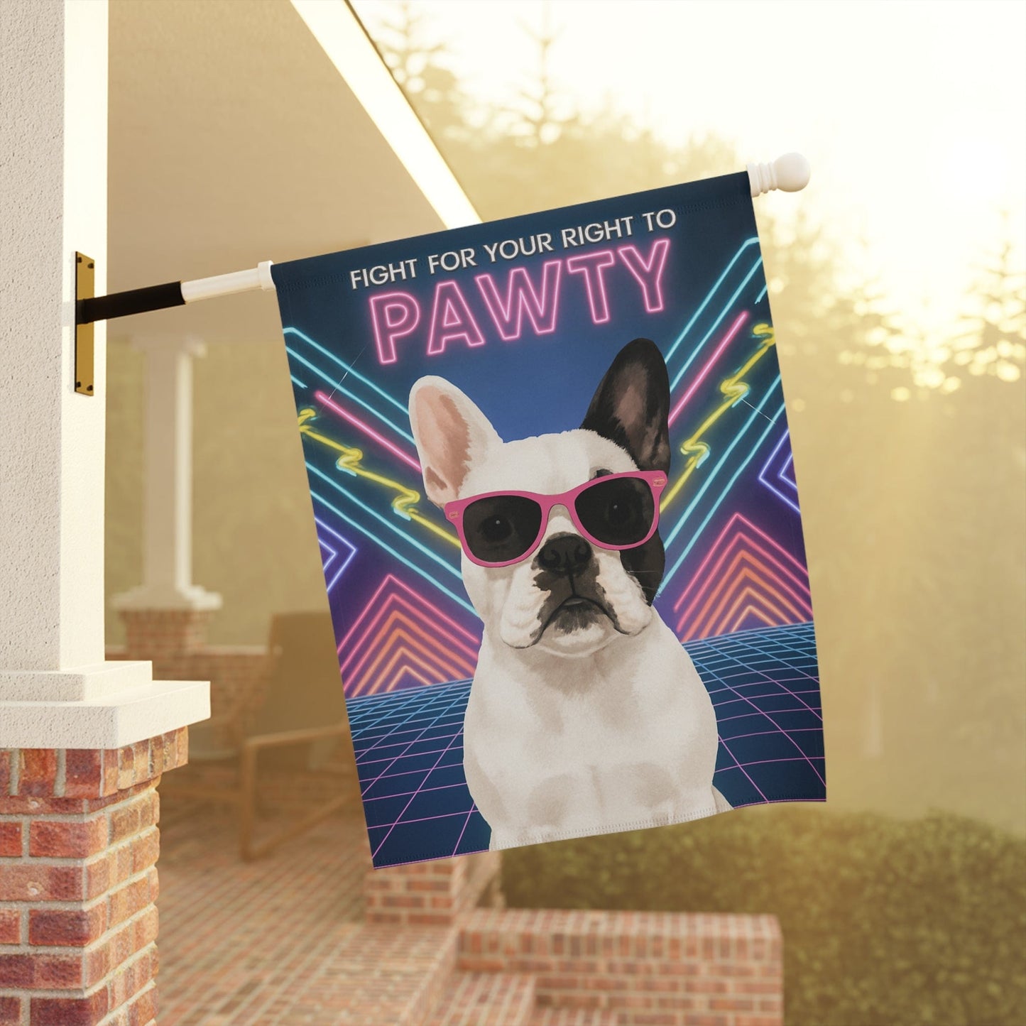 Printify Garden Flag Piebald French Bulldog 80s Party Garden Flag