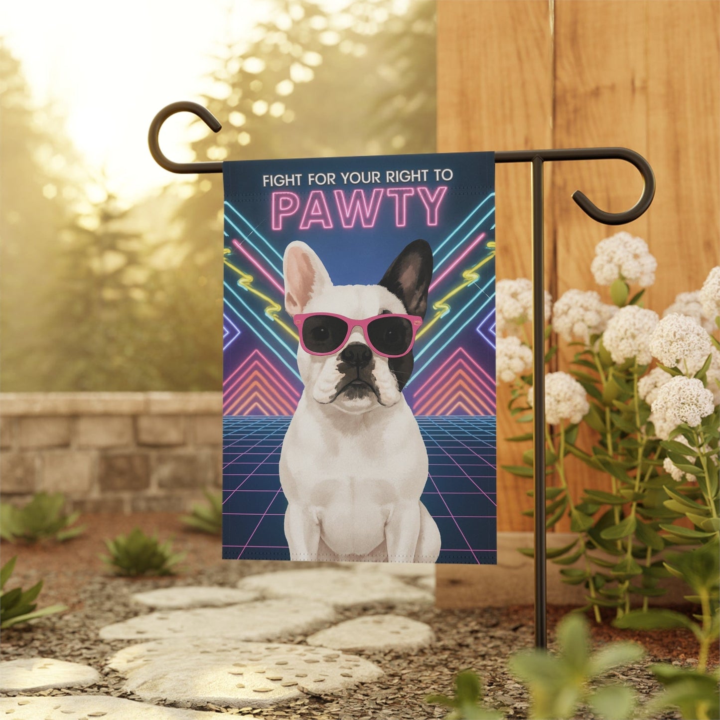 Printify Garden Flag Piebald French Bulldog 80s Party Garden Flag