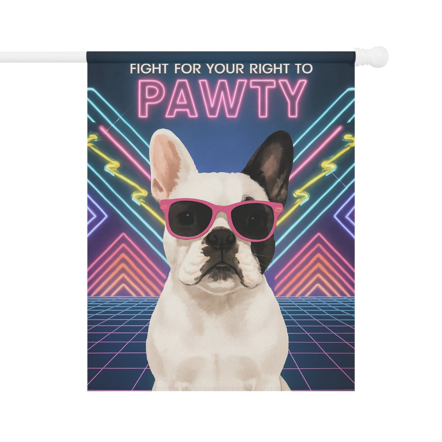 Printify Garden Flag Piebald French Bulldog 80s Party Garden Flag