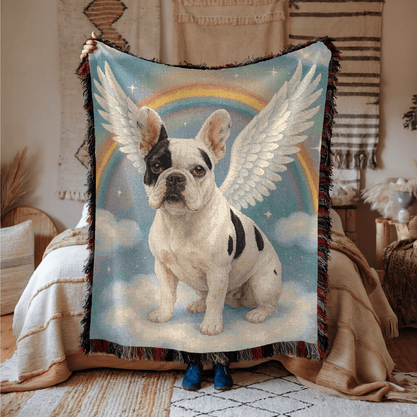 Printify Blanket Piebald French Bulldog Angel Woven Blanket