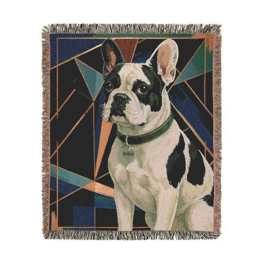 Piebald French Bulldog Art Deco Woven Blanket