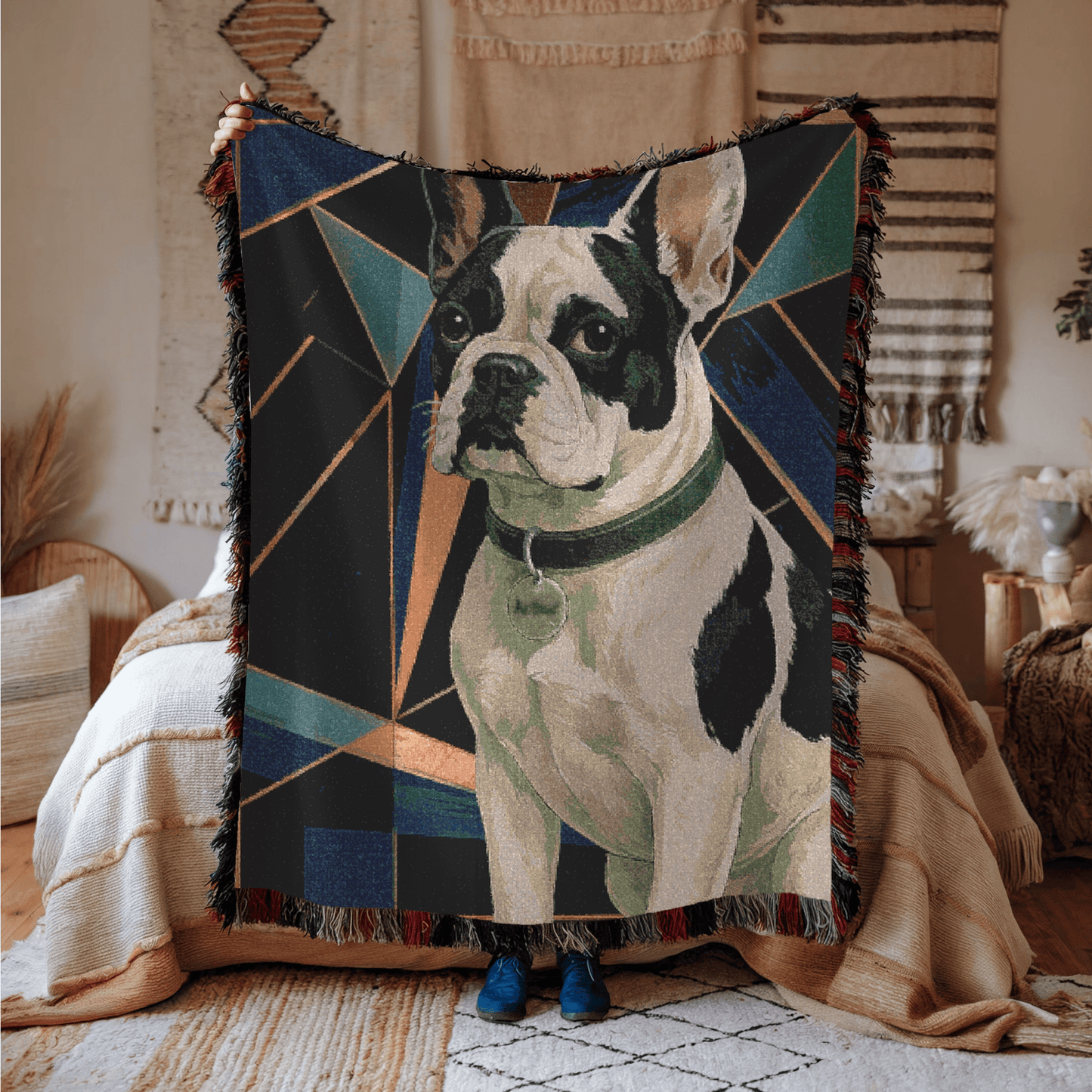 Printify Blanket Piebald French Bulldog Art Deco Woven Blanket