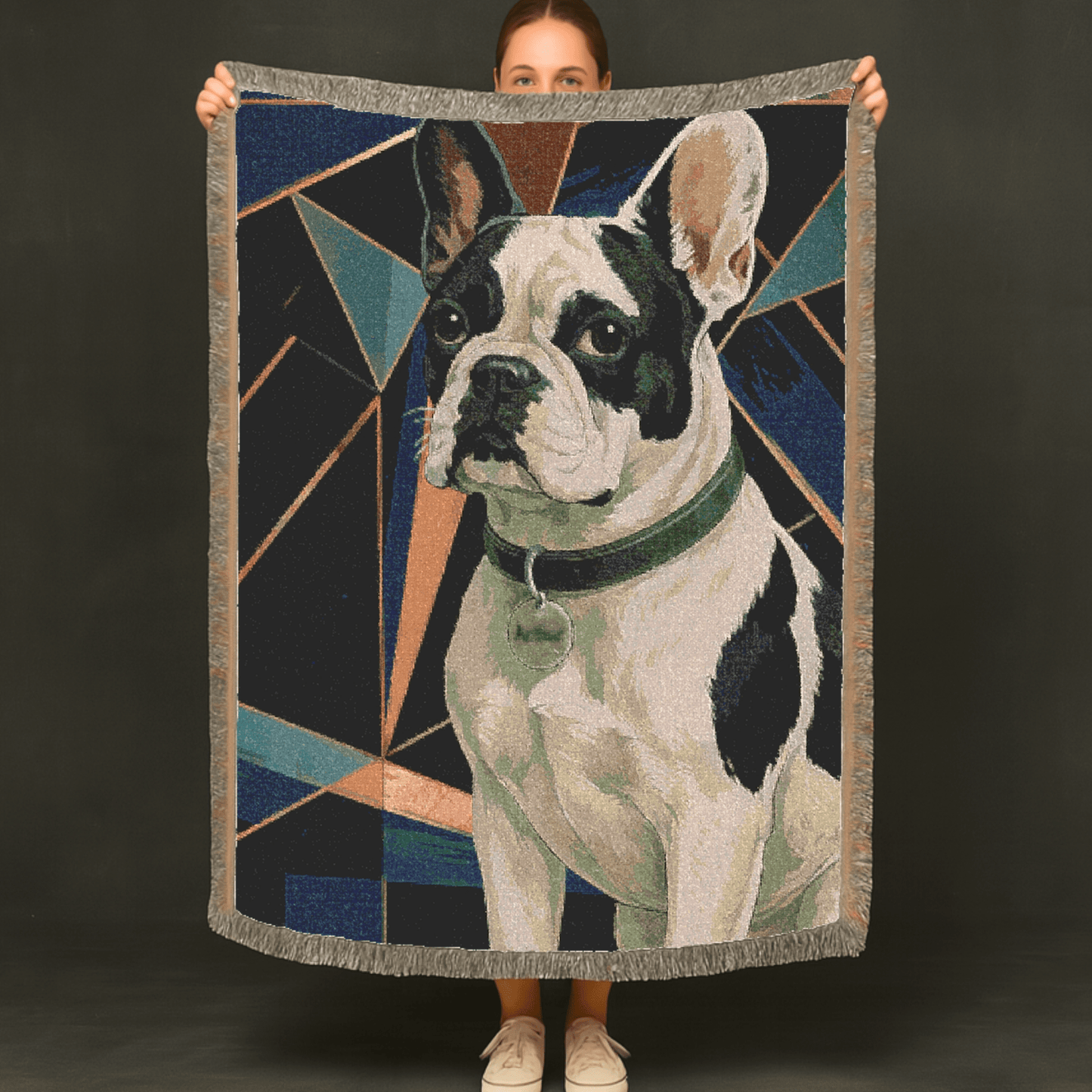 Printify Blanket Piebald French Bulldog Art Deco Woven Blanket