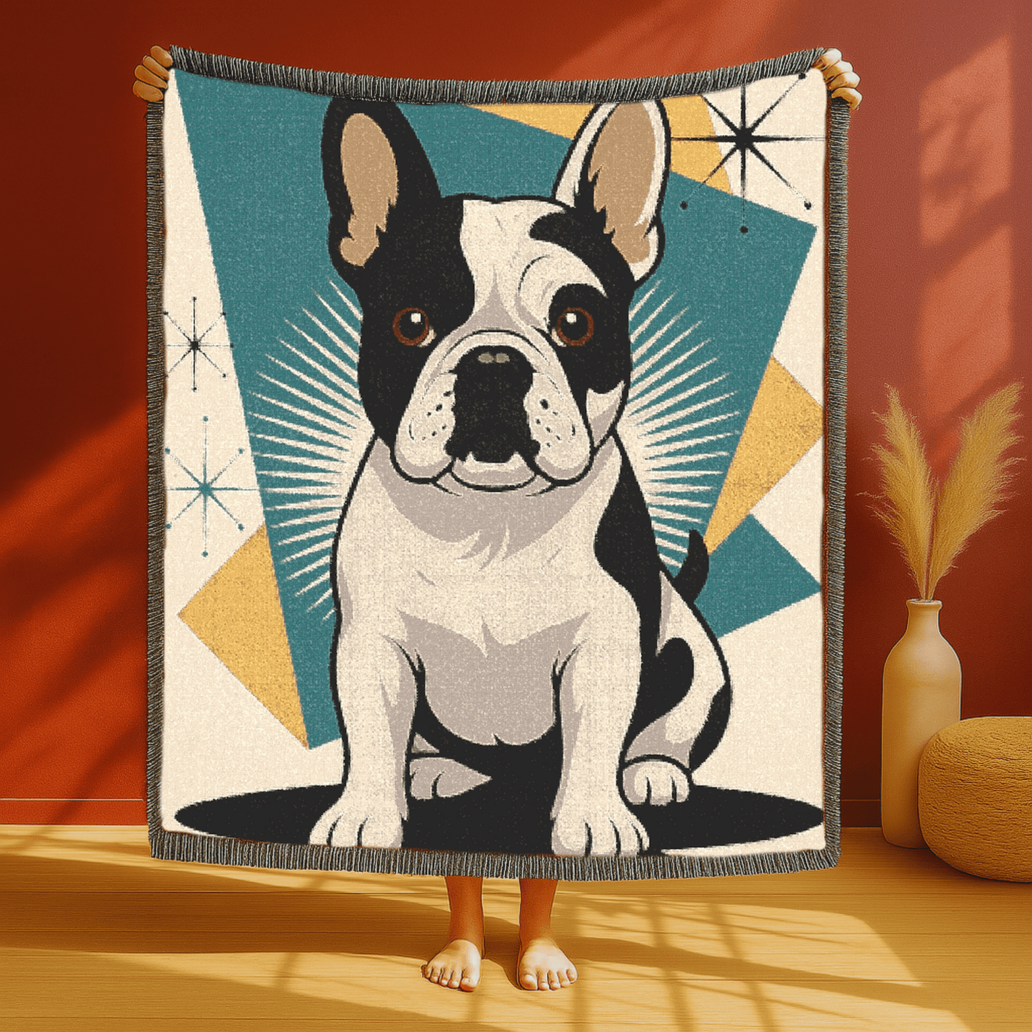 Printify Blanket Piebald French Bulldog Atomic Mid Century Modern Throw Blanket
