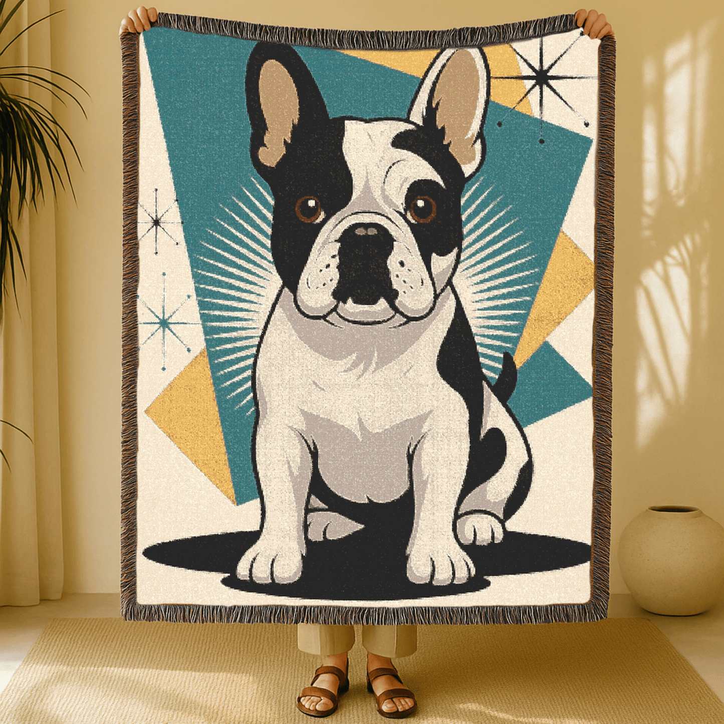 Printify Blanket Piebald French Bulldog Atomic Mid Century Modern Throw Blanket